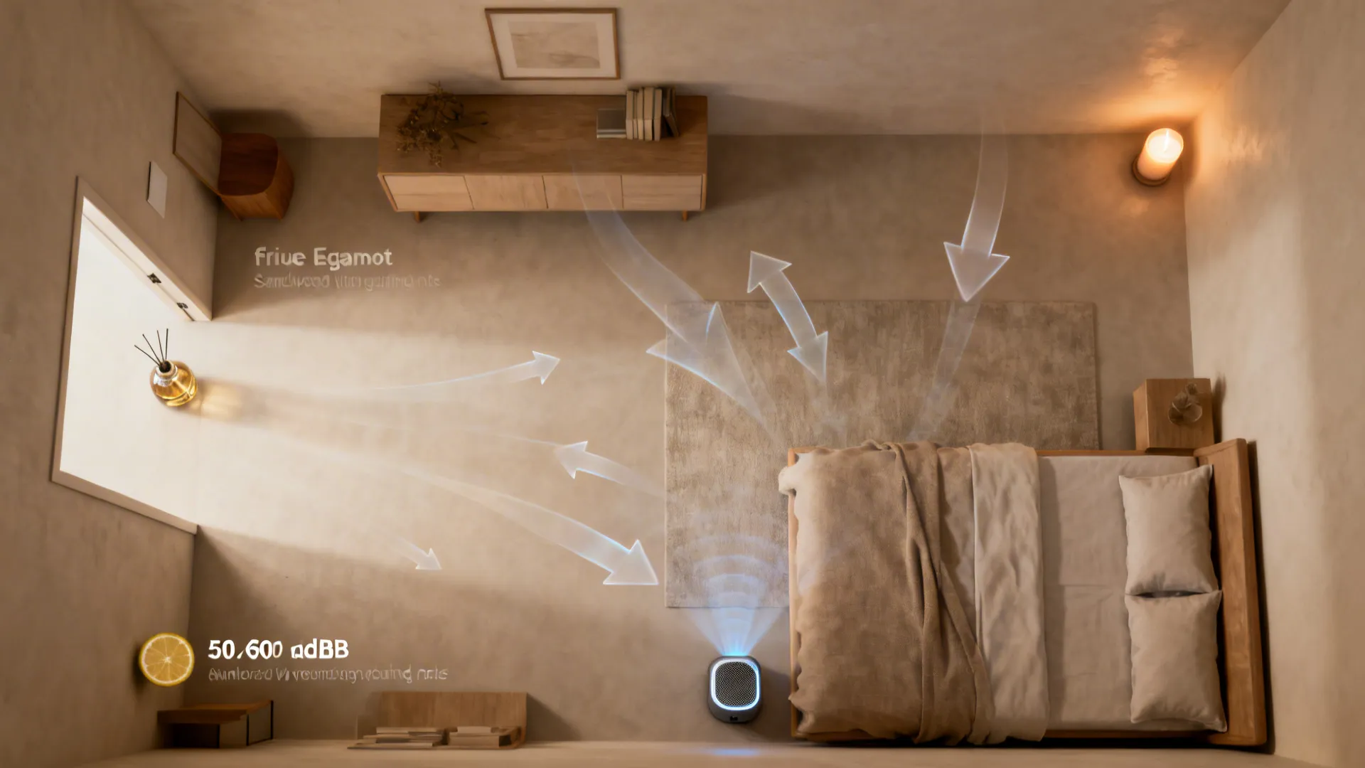 Top-down view mapping diffuser at entry, grounding scent near bed, and a candle in the corner.