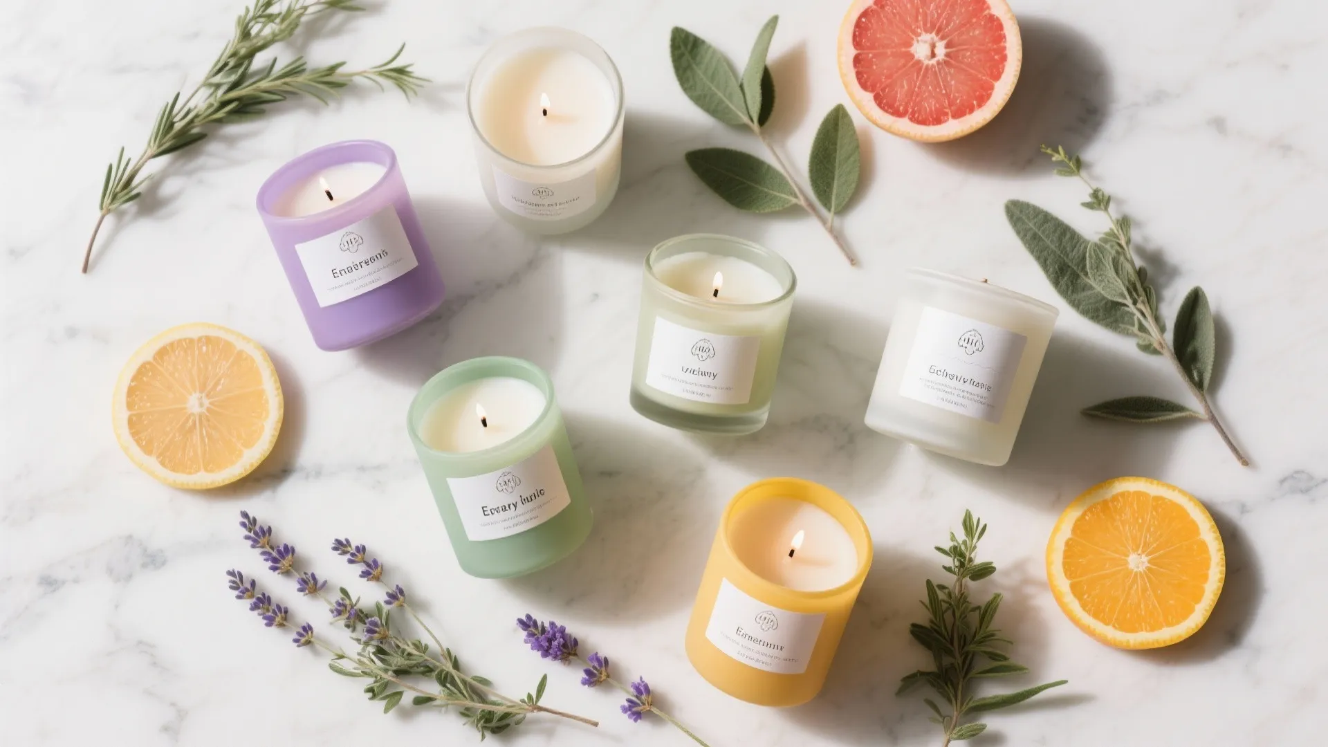 Six colorful scented candles on marble surface with lavender green leaves lemon and orange slices
