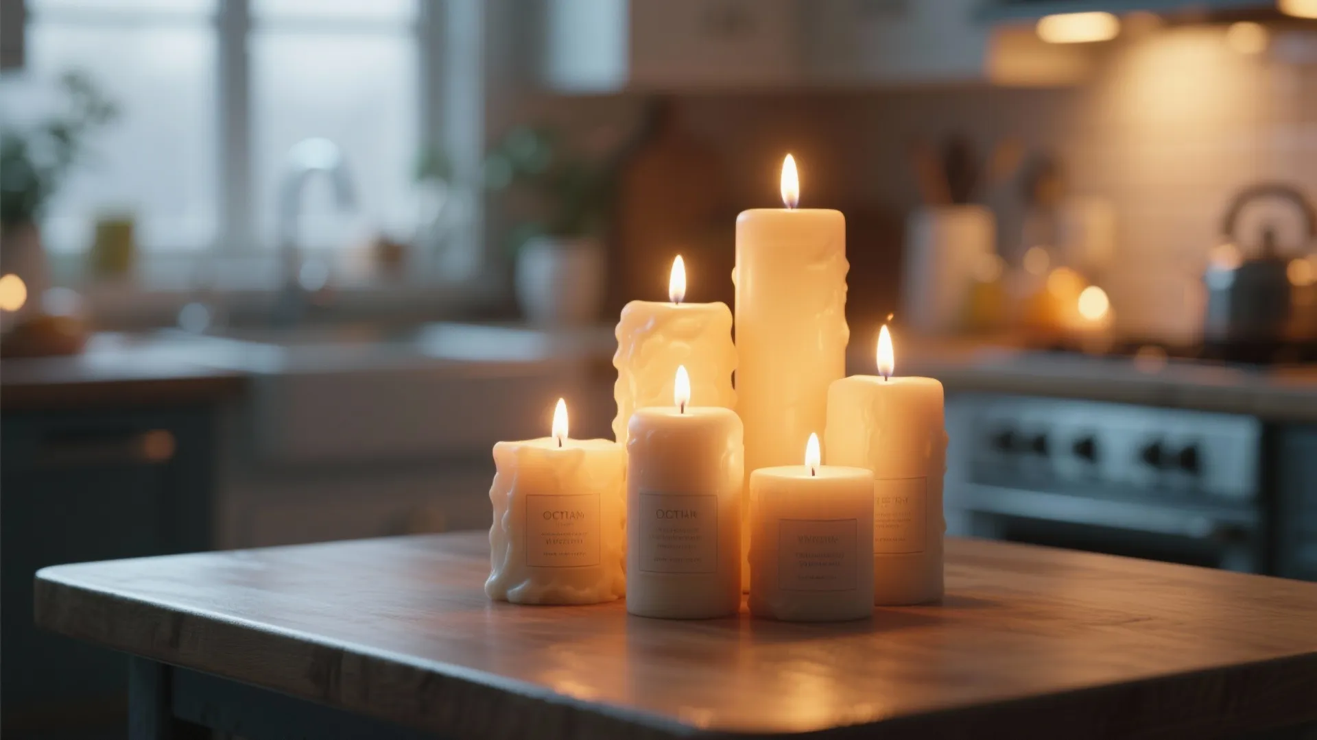 Group of white pillar candles in different sizes burning on a dark wood kitchen surface
