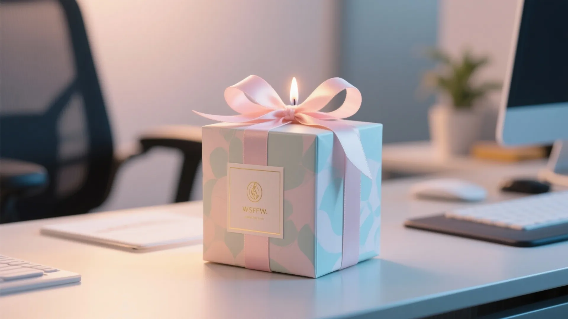 Gift box with pink ribbon and lit candle placed on a white office desk surface