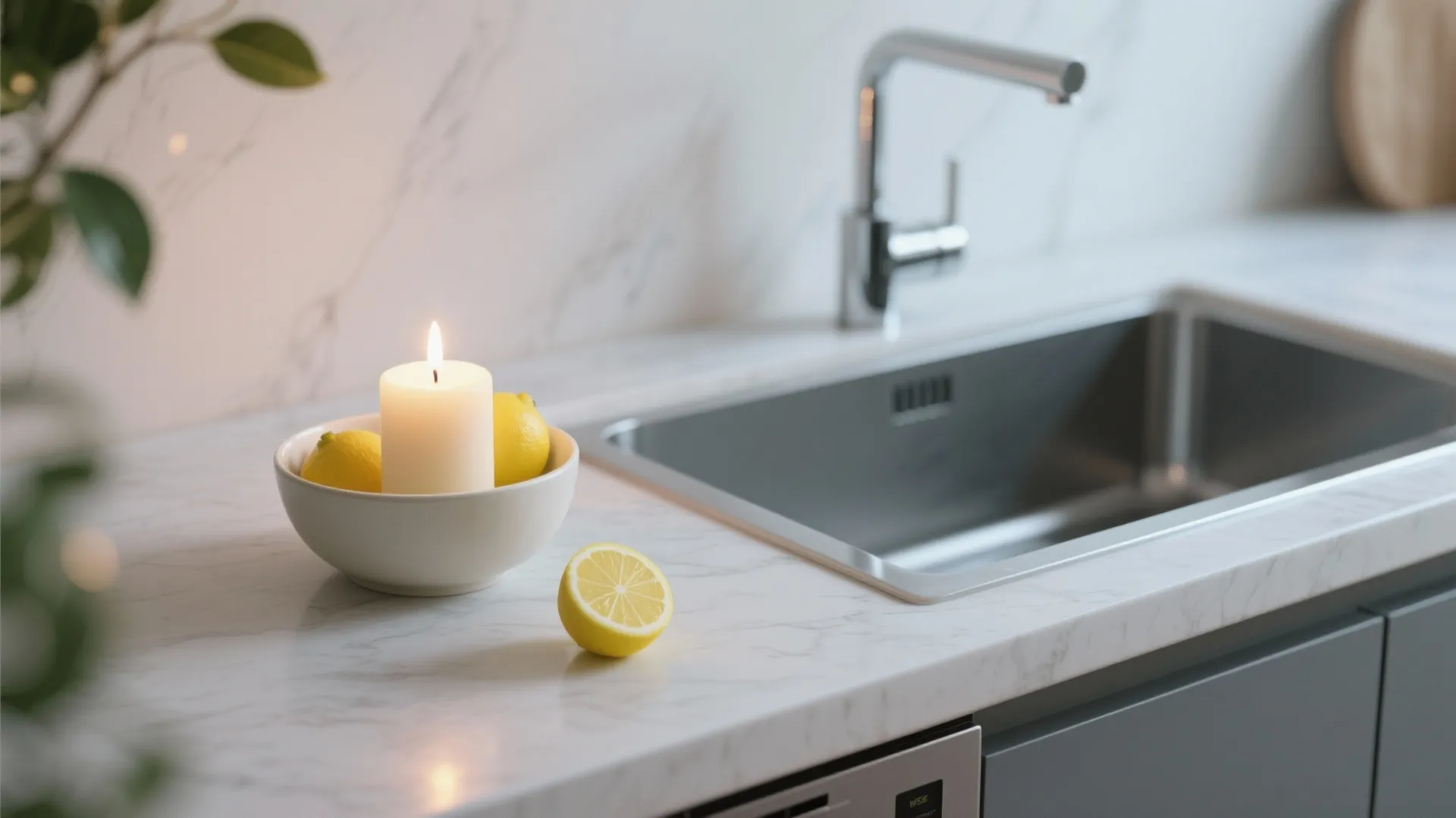 Scented candle and lemon bowl near kitchen sink