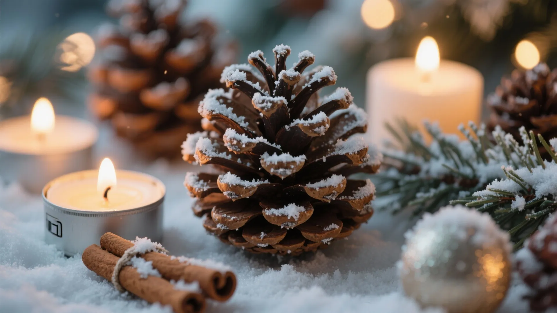 Close up of pine cones and small candles on white snow with brown cinnamon sticks