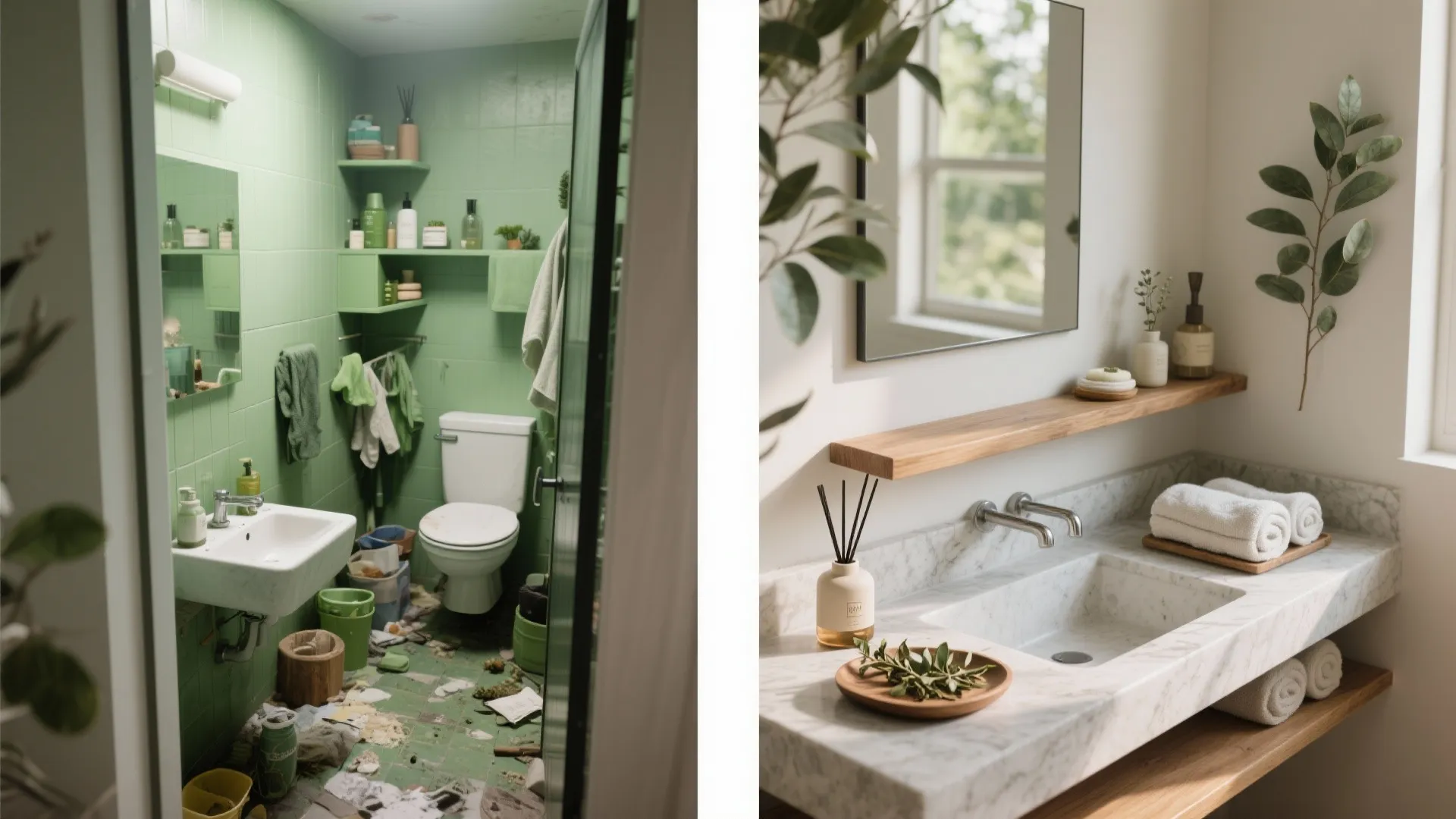 Side by side comparison of a messy green bathroom and a clean modern marble bathroom