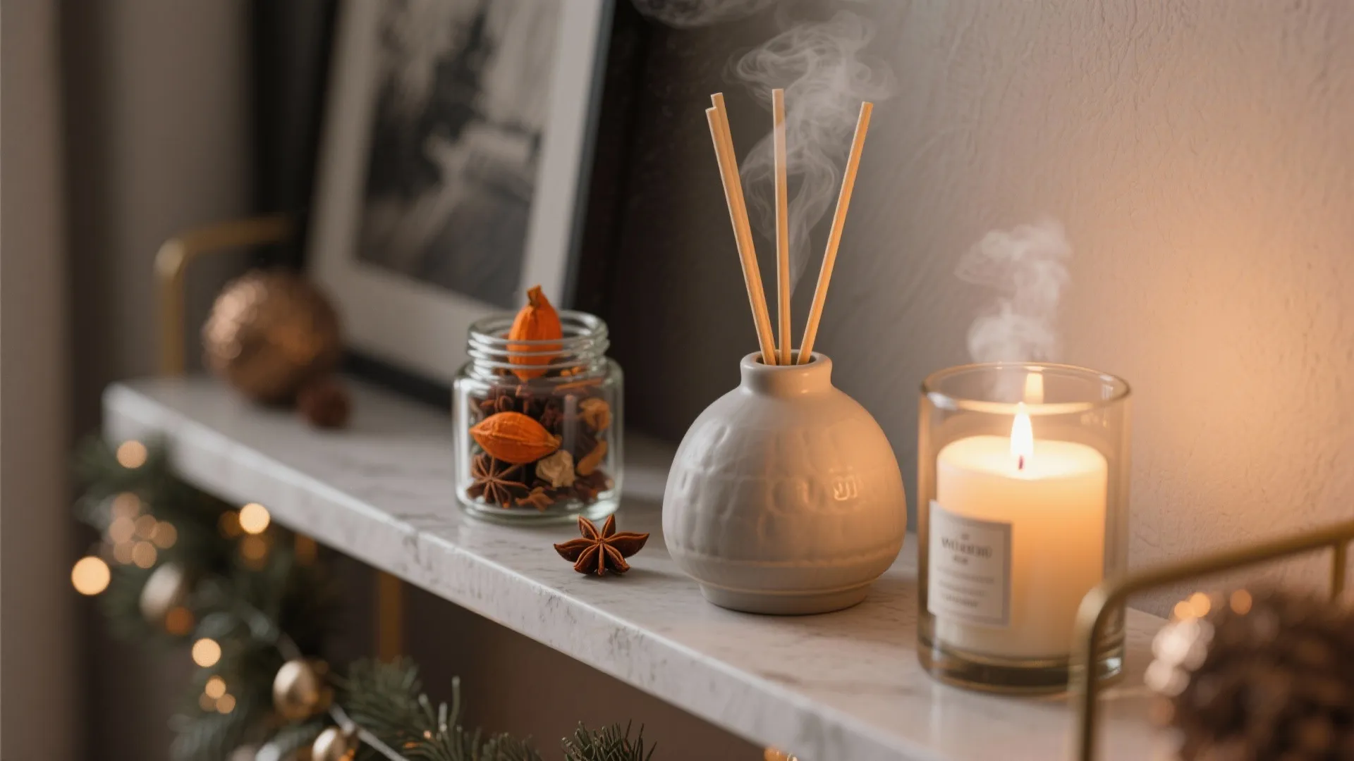 Scented candle with reed diffuser and glass jar of dried fruit on a white shelf
