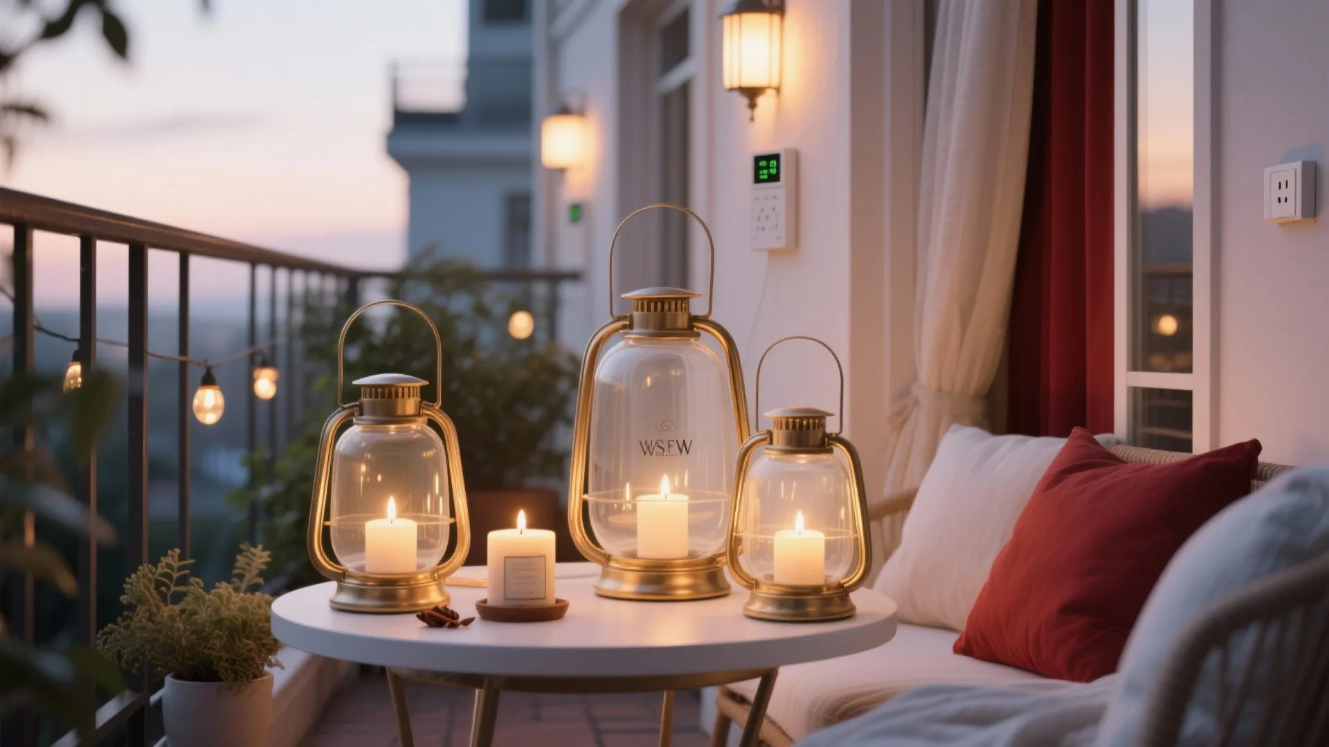 Lanterns with frosted hurricane holders, scented candles, and mid-height warm LEDs.
