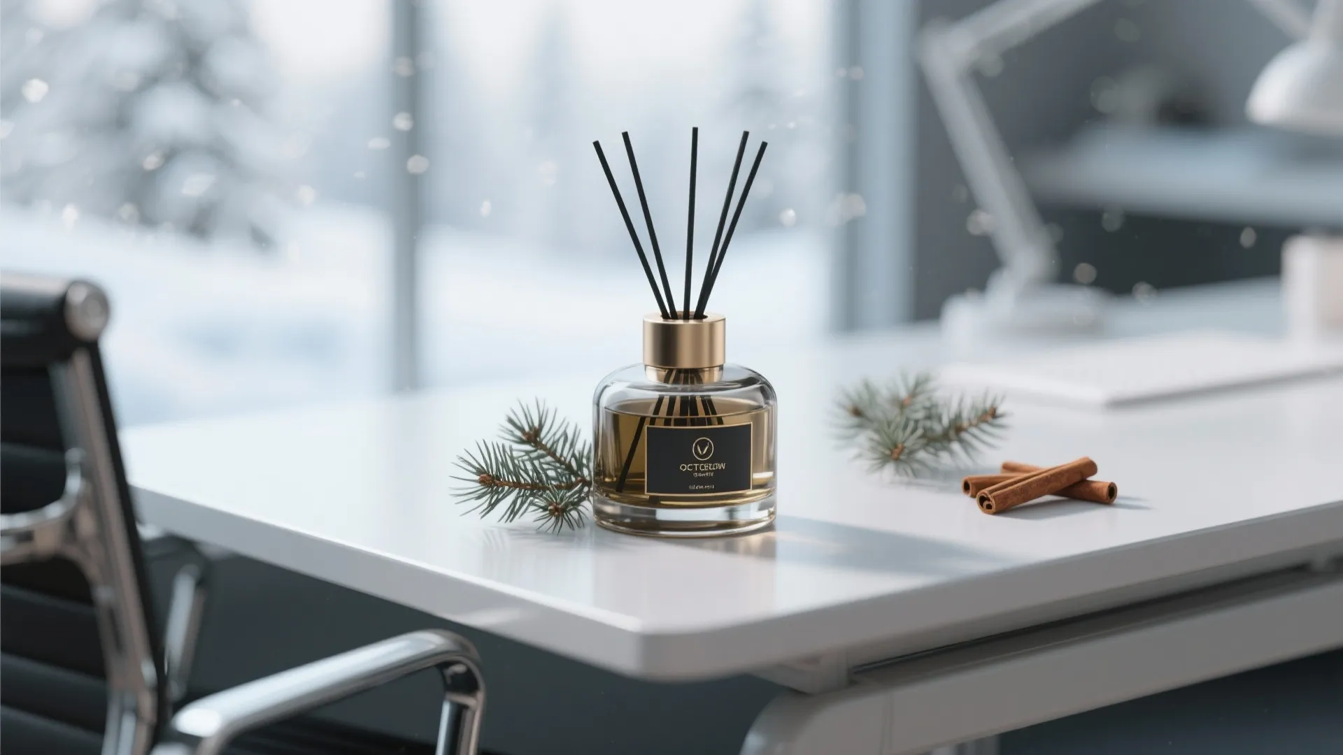 Scented oil diffuser with black sticks on white desk with pine branches and cinnamon sticks
