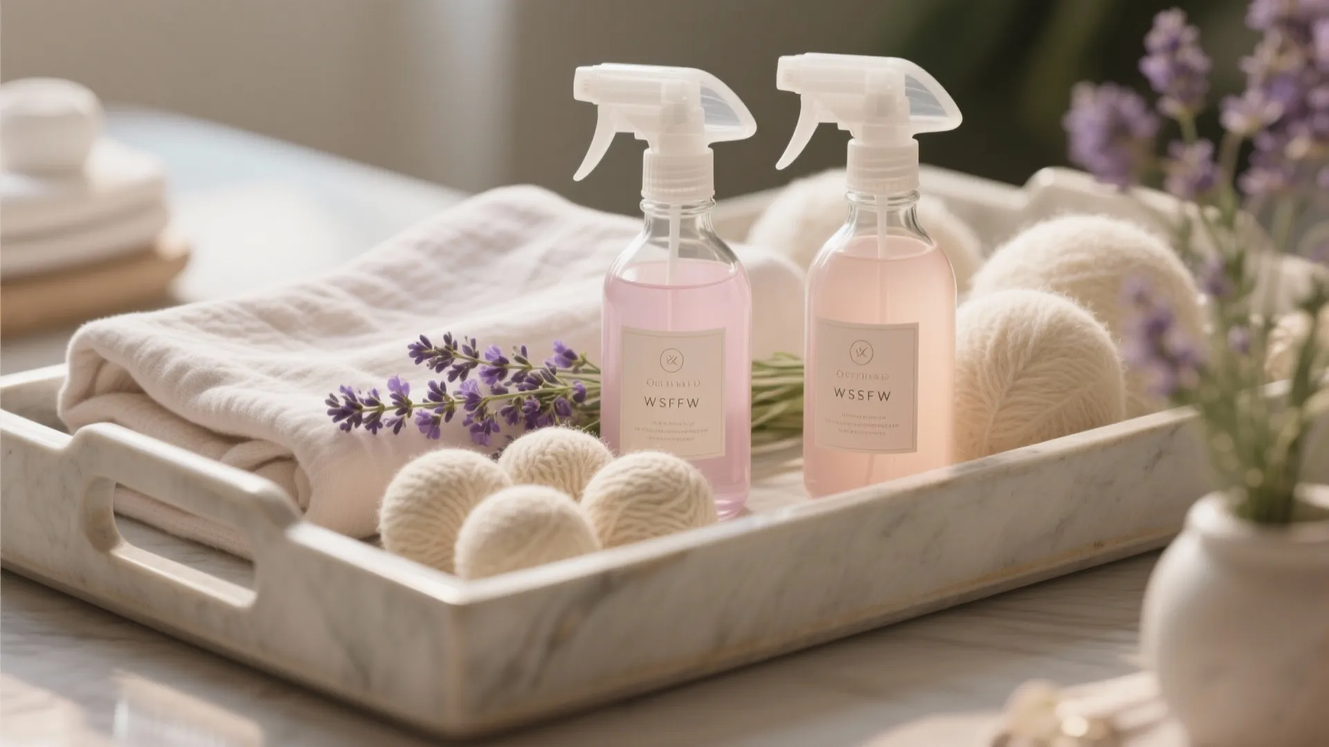 Two pink spray bottles with lavender and dryer balls on a white marble stone tray