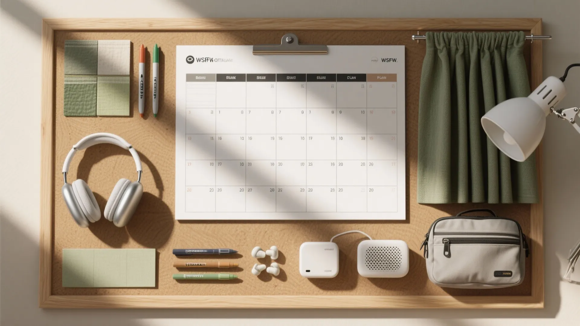 Corkboard organized with a paper calendar, headphones, colorful pens, small bag, and white desk lamp