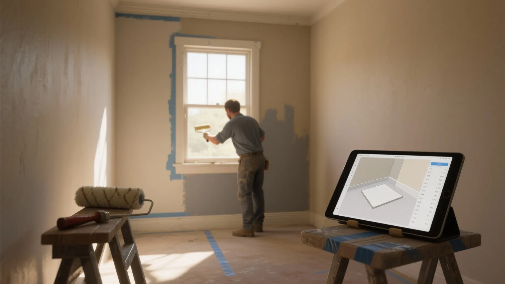 Man painting wall in empty room while using a tablet app to view floor plan design