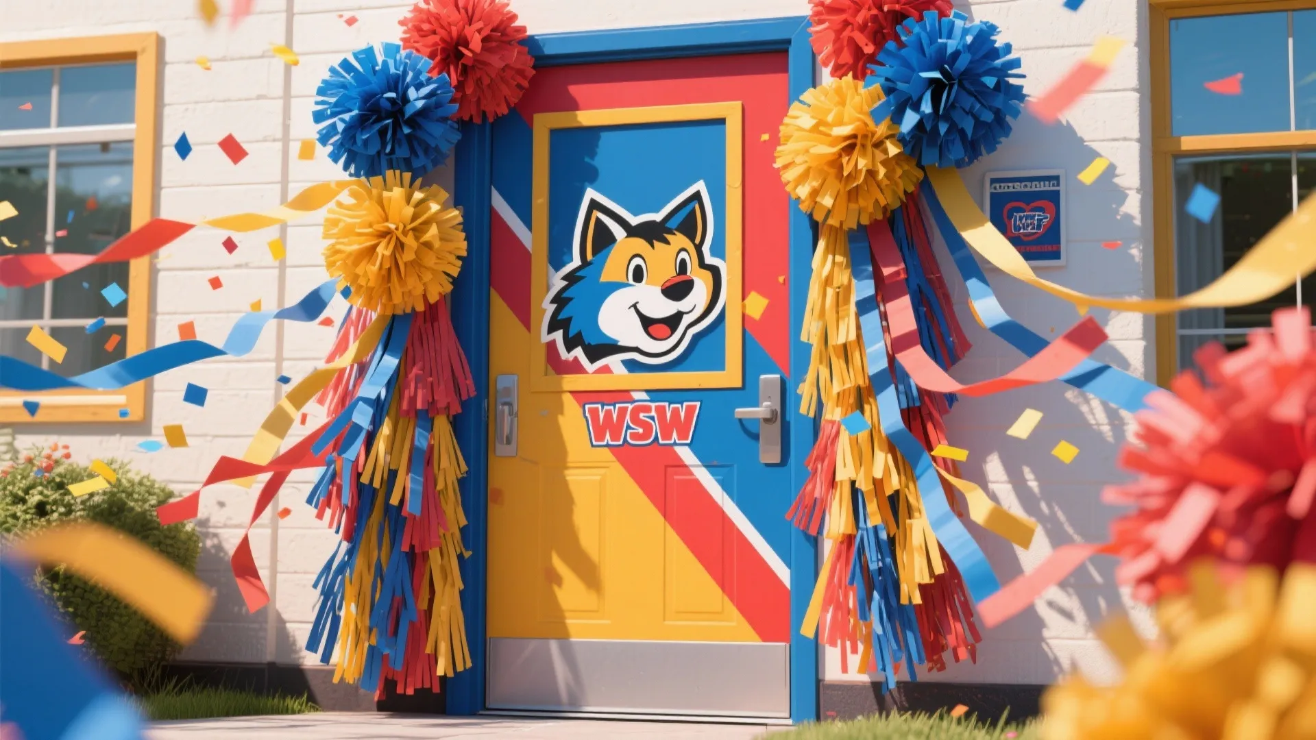 Door decorated with team colors, pompoms, and mascot cutout for homecoming