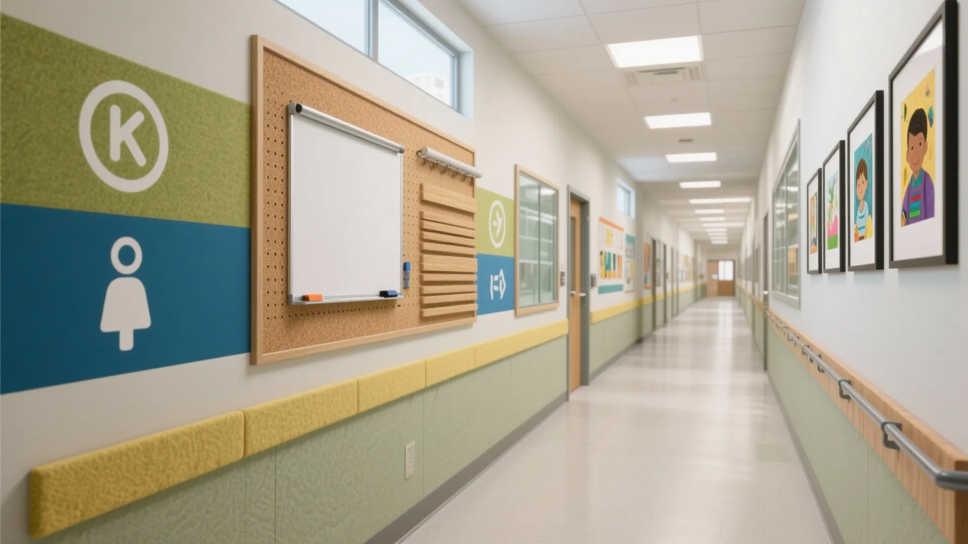 Modern school corridor with a whiteboard notice board framed artwork and soft green wall panels