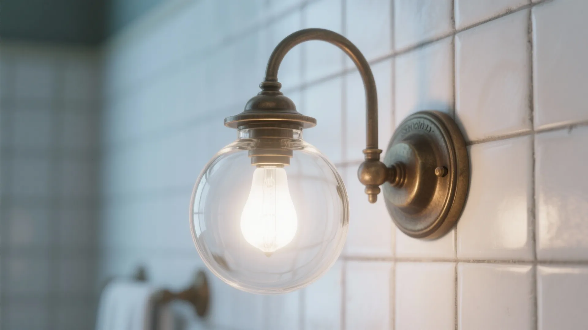 Vintage schoolhouse glass sconce with frosted globe mounted on white tiled wall