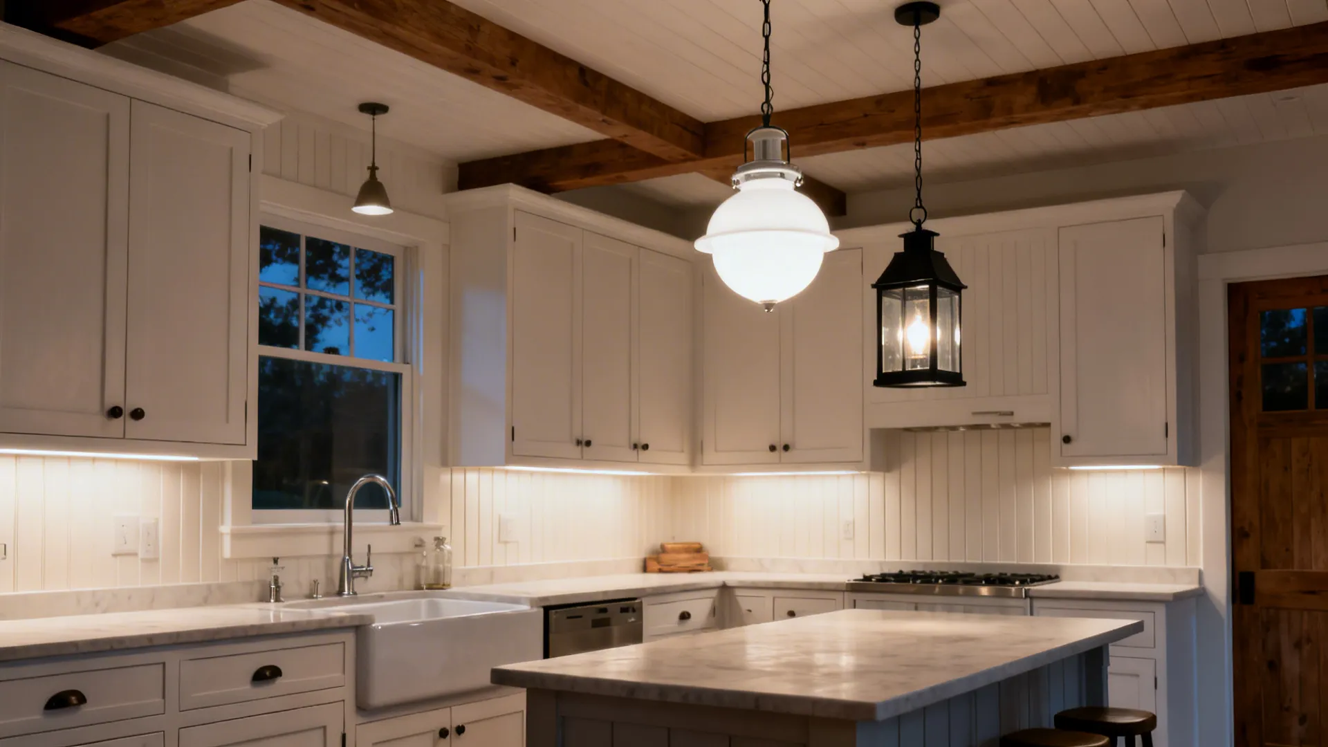 Small farmhouse kitchen with a schoolhouse globe over the sink and a slim black lantern over the peninsula.