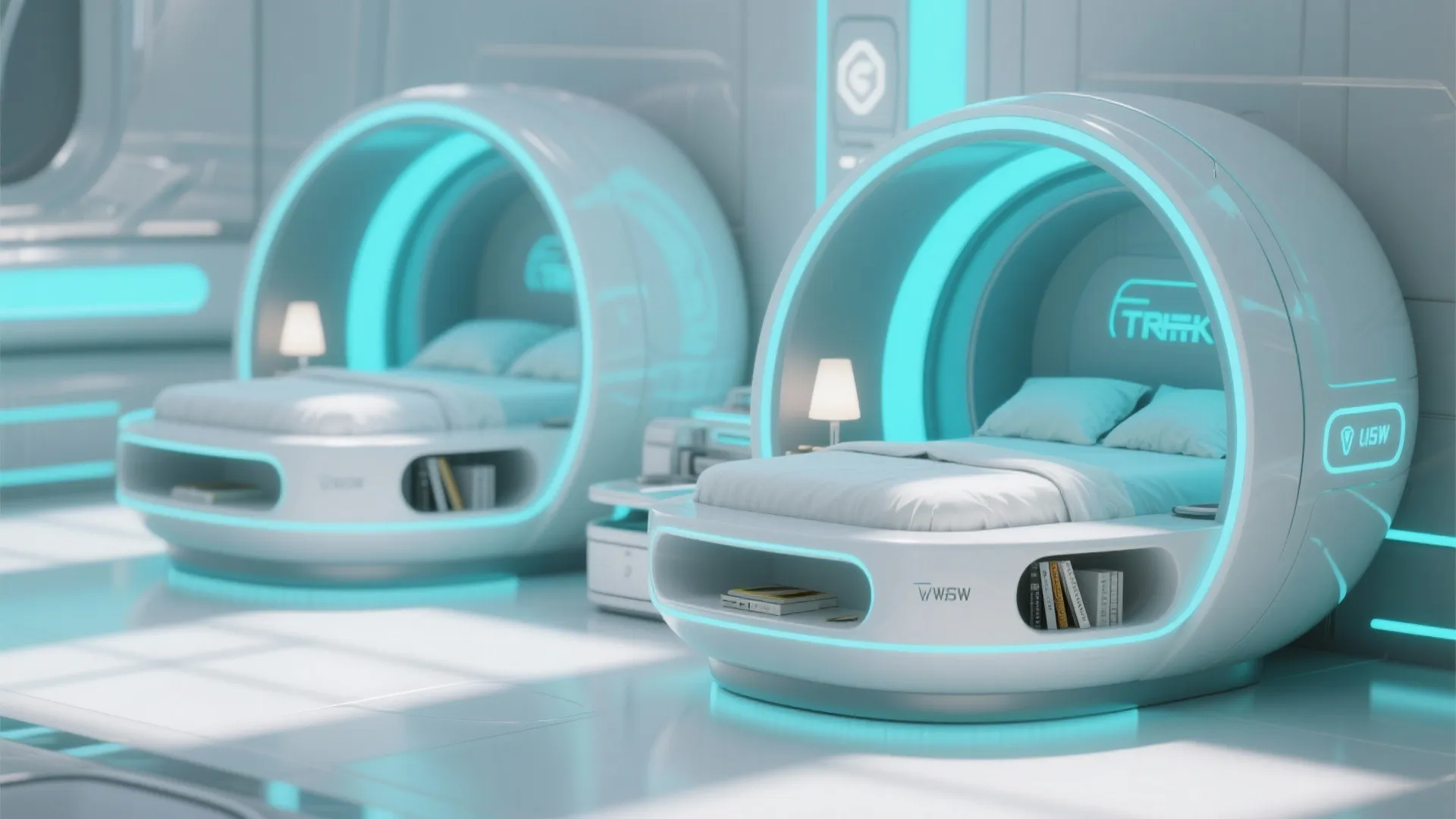 Two white round futuristic sleeping pods with blue lights and small white table lamps inside