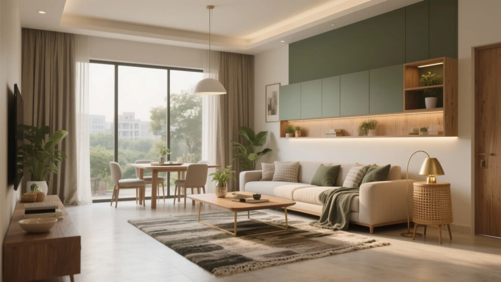 Modern open living room with cream sofa green wall panels wooden table and large glass windows