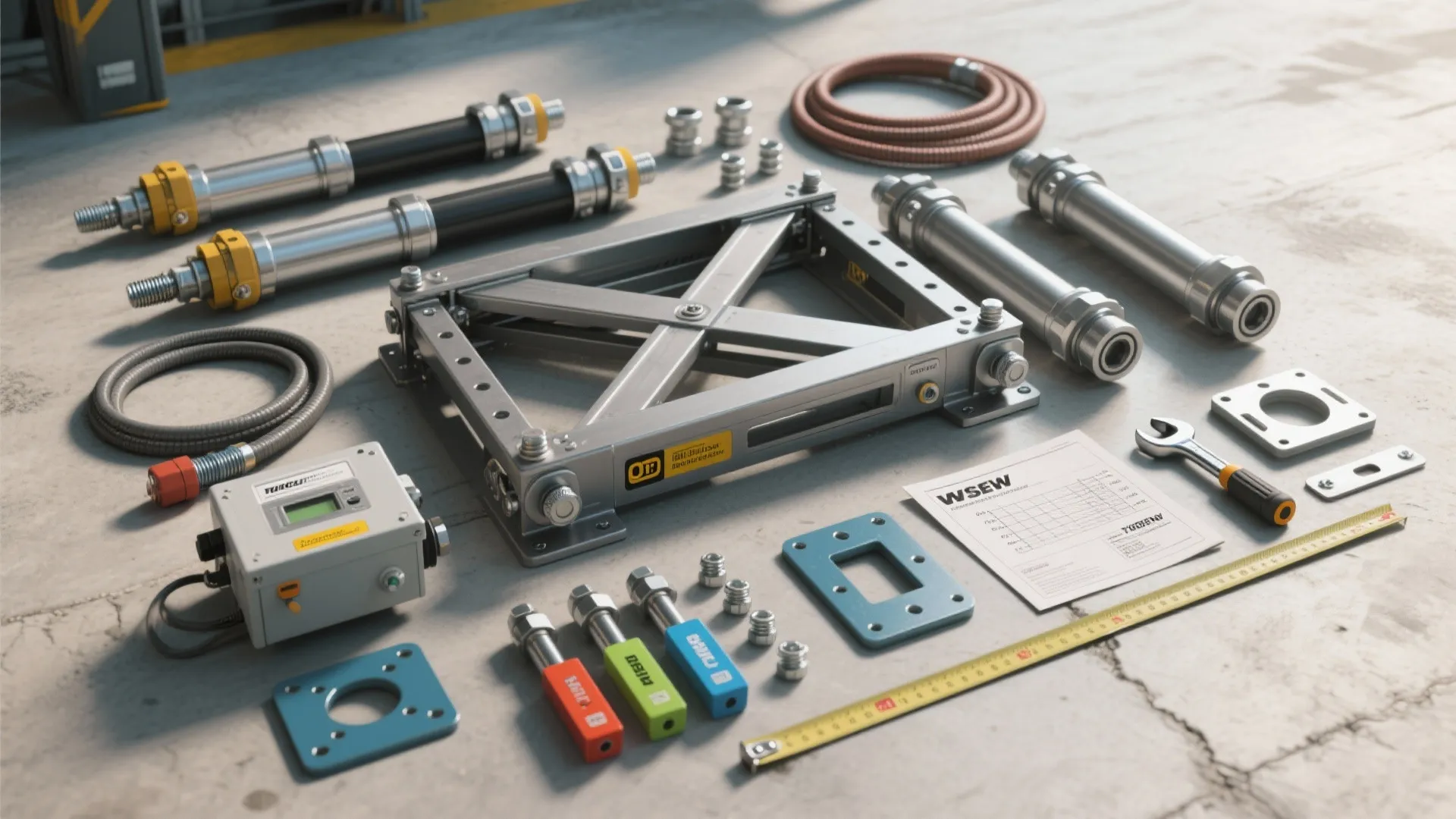 Mechanical lift parts kit with metal frame and tools arranged neatly on a concrete floor