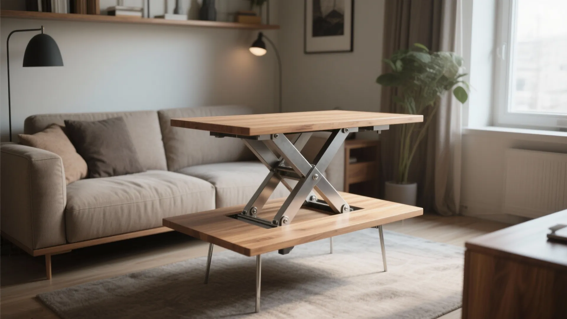 Living room with sofa and height adjustable wooden coffee table on a grey rug and floor