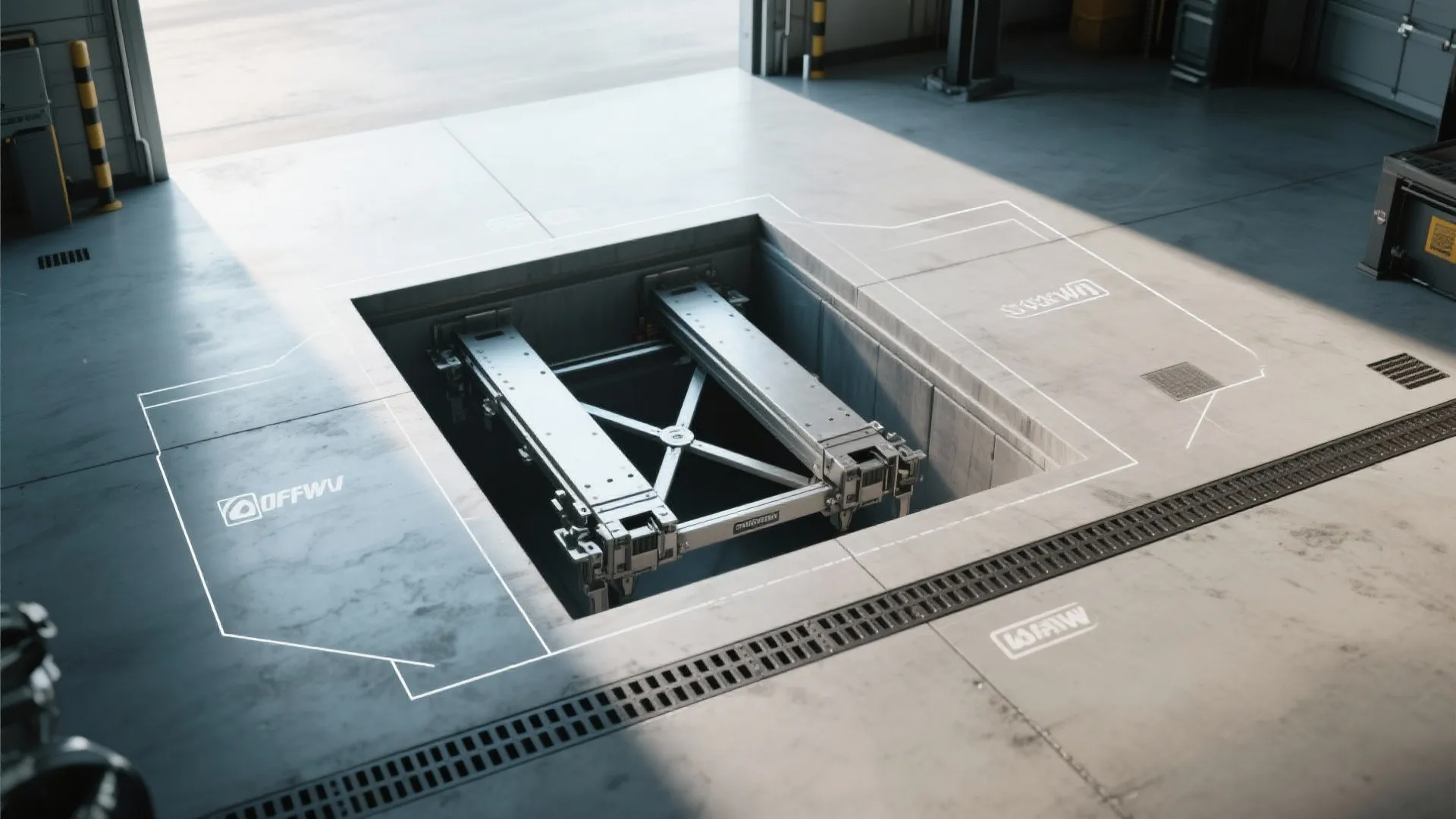 Metal lift platform installed in a concrete floor pit inside a modern clean garage space