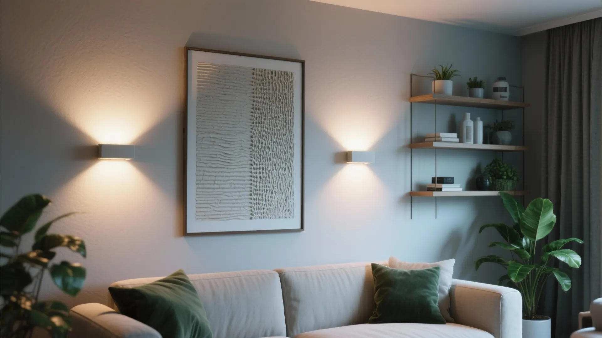 Minimalist living room showing white sofa wall light fixtures framing a textured wall art piece