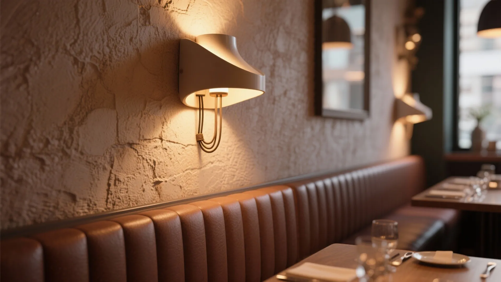 Close up of a modern white wall light above a brown leather sofa in restaurant
