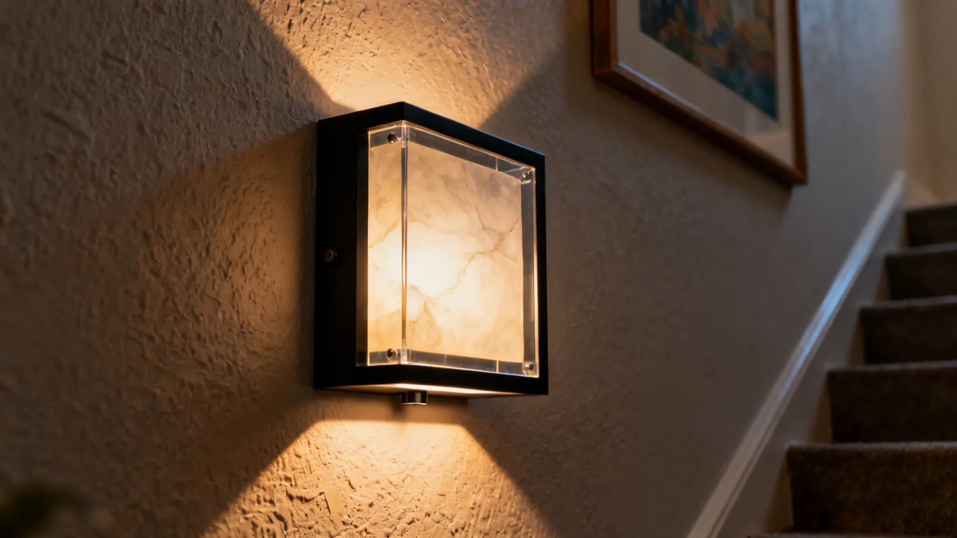 Close-up of a wall sconce casting warm light beside framed art on a stair wall