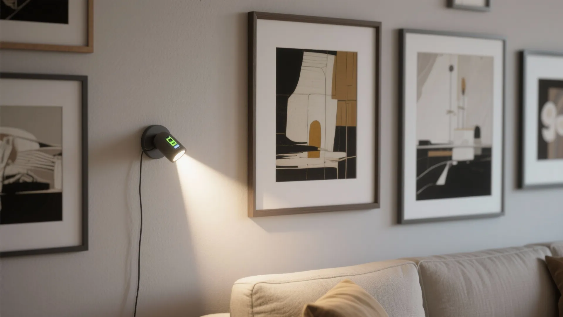 Framed artwork on a living room wall lit by a battery picture sconce with no visible wiring.