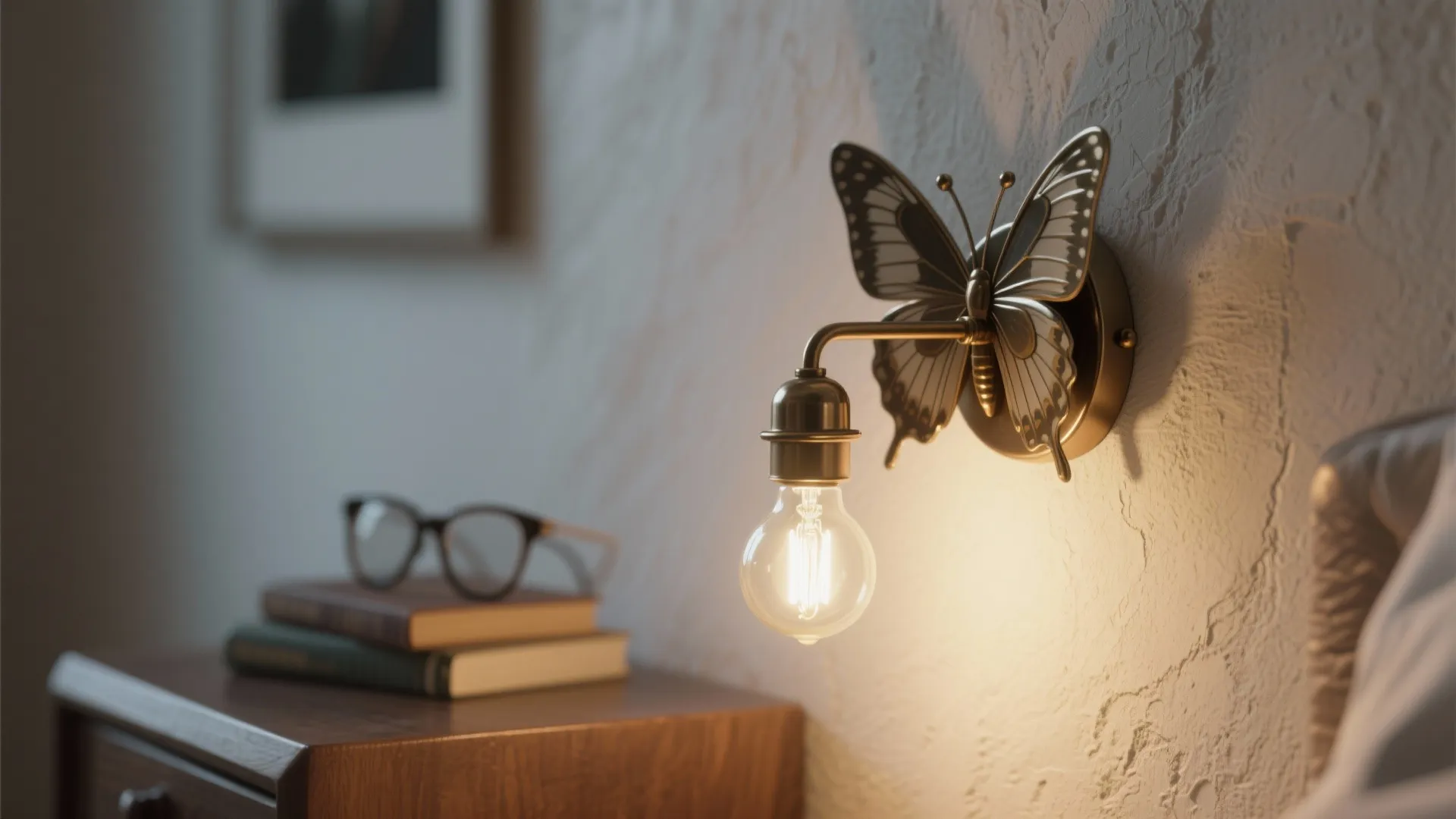 Close-up of a butterfly sconce on a plaster wall casting a warm reading light over a nightstand.