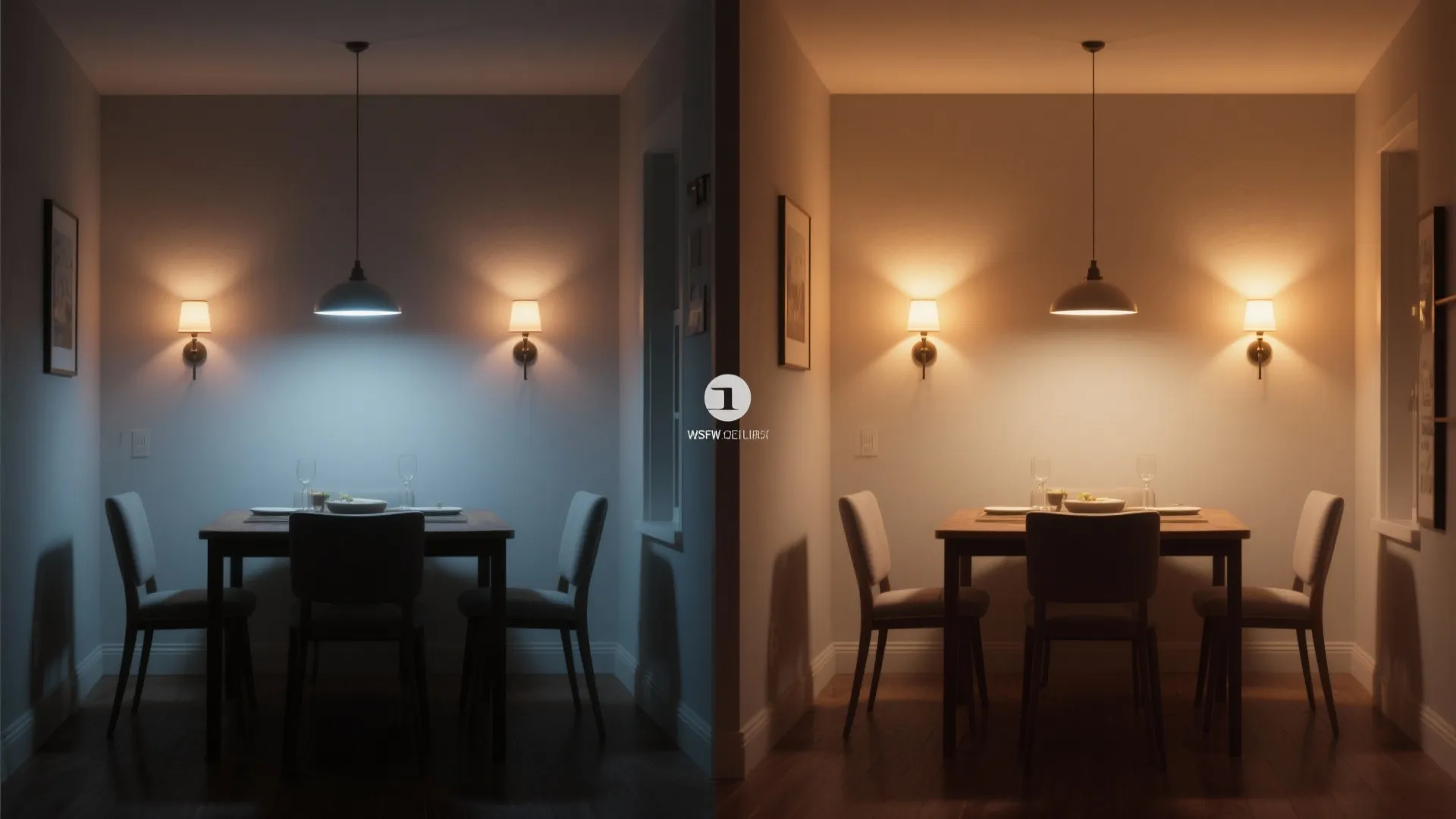 Before-and-after comparison of a small dining room showing improvement after adding wall sconces and layered lighting.