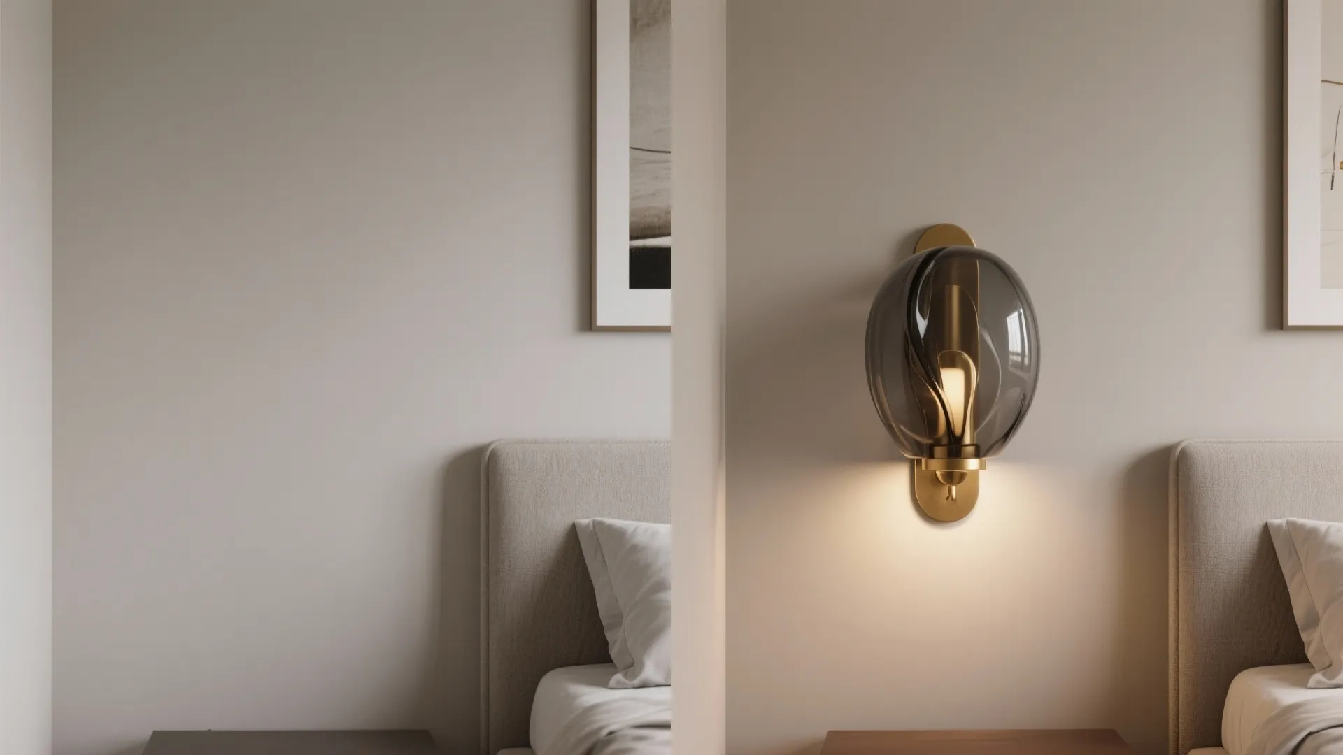 Before and after side by side comparison of a bedroom wall light with glass globe shade
