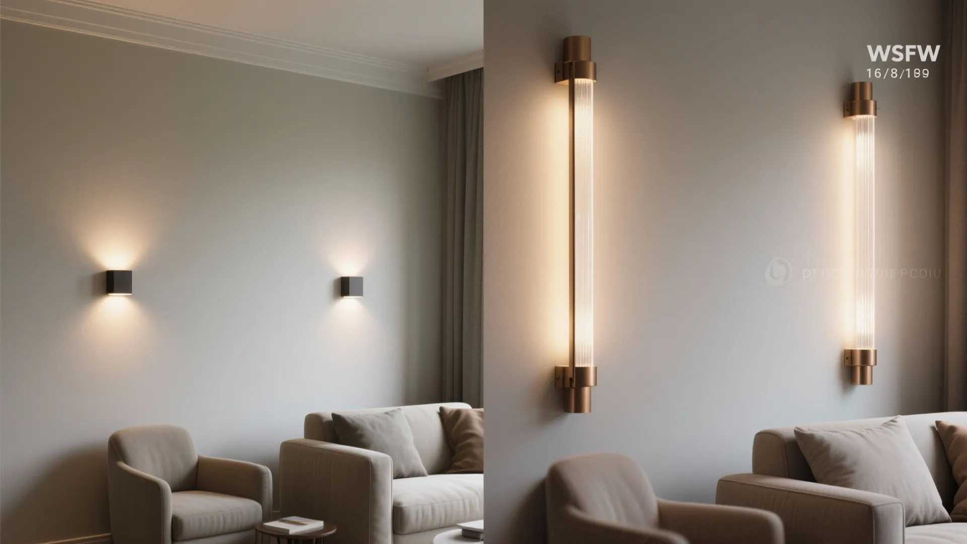 Before and after of a living room wall showing added vertical sconces that lift perceived height.