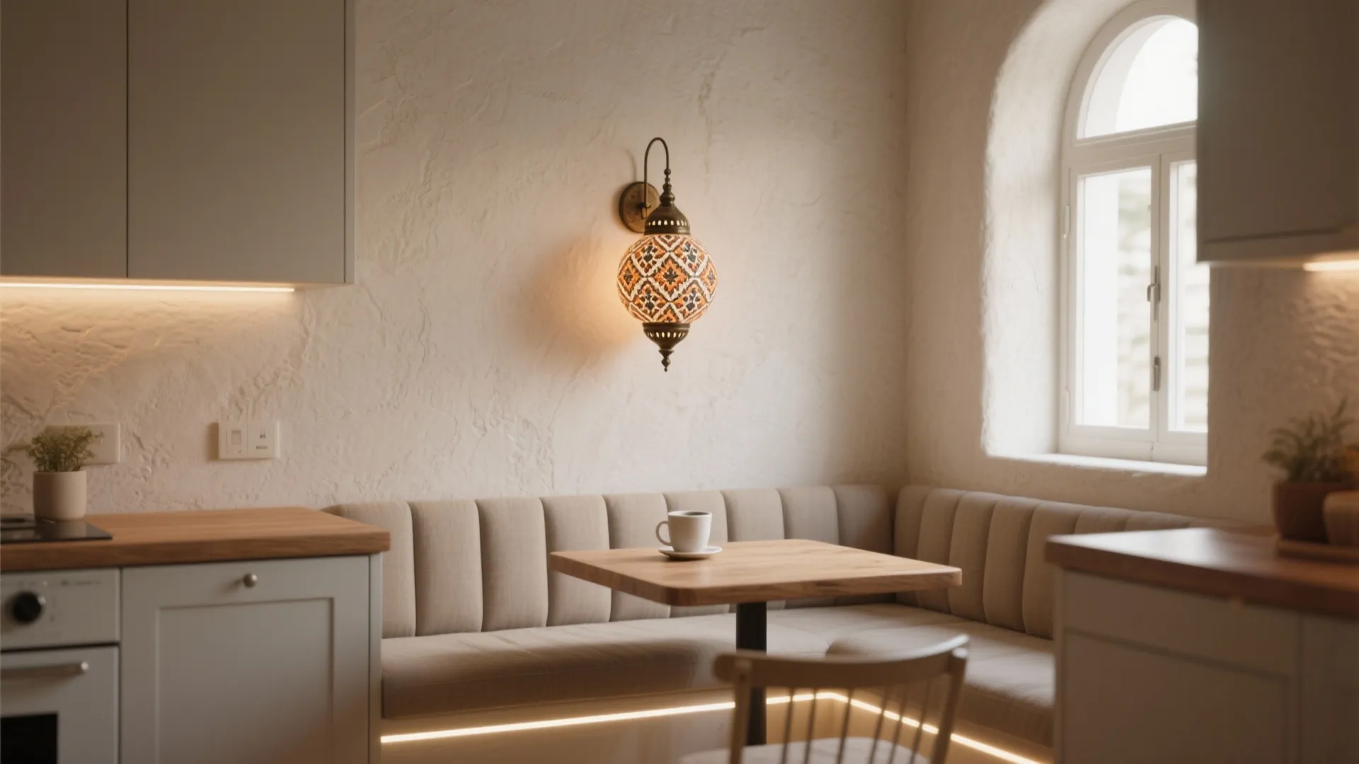 2. Accent lighting over a compact breakfast nook