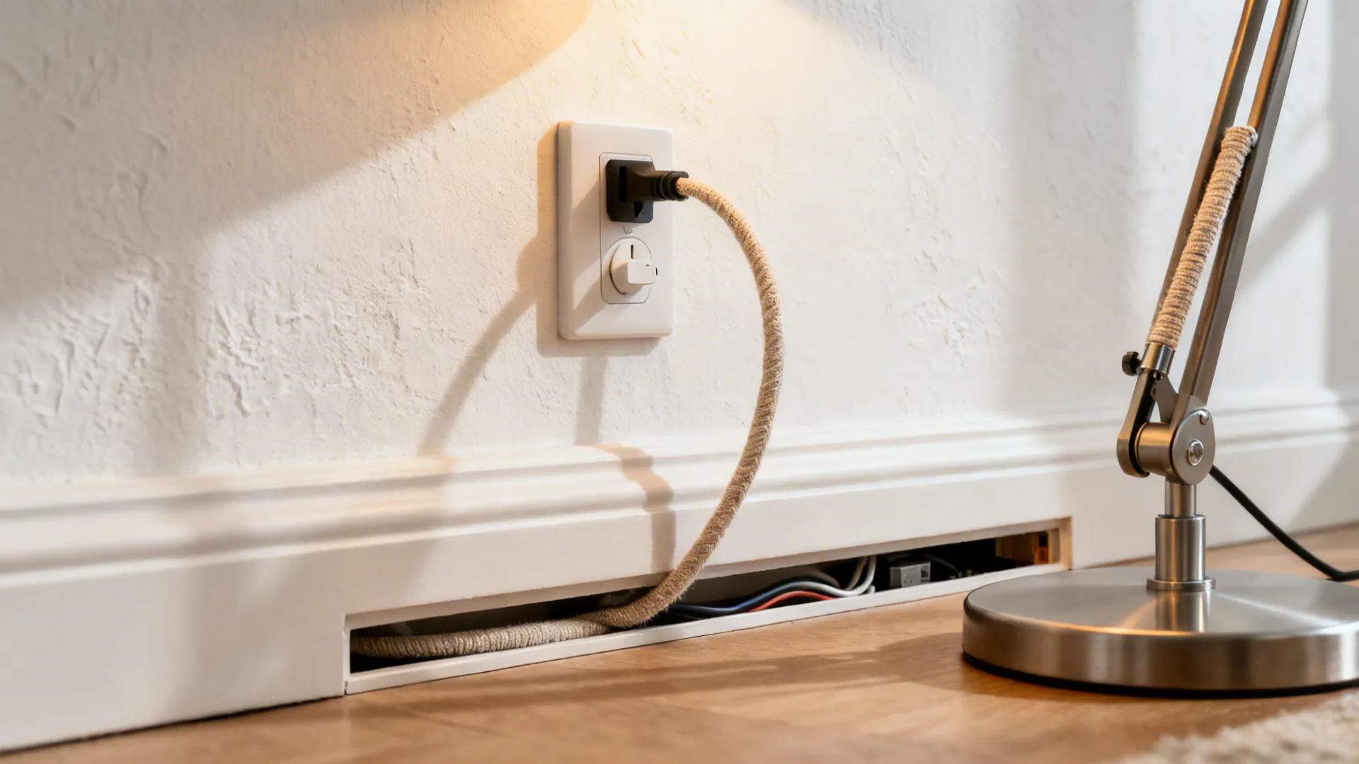 Close-up of a plug-in wall sconce with a dimmer and neatly hidden cord along the baseboard.