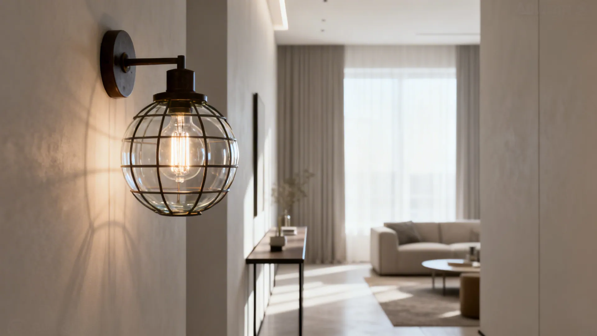 Cage-glass wall sconce with visible filament bulb brightening a narrow living room.