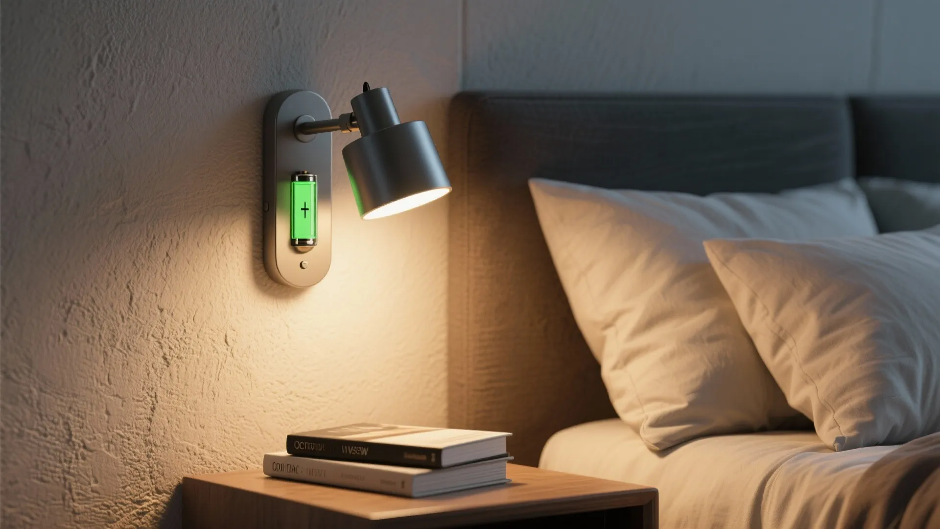 Close-up of a battery wall sconce casting warm light onto a bedside book.