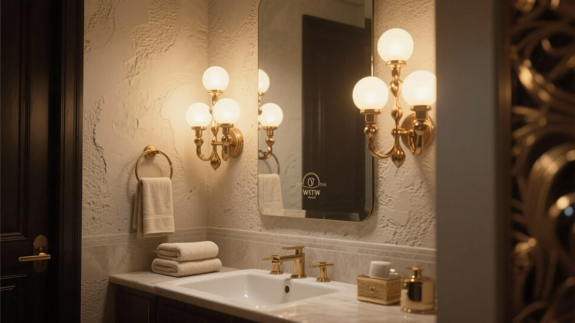 Luxury bathroom vanity with gold wall lights mirror white sink folded towels and gold faucet