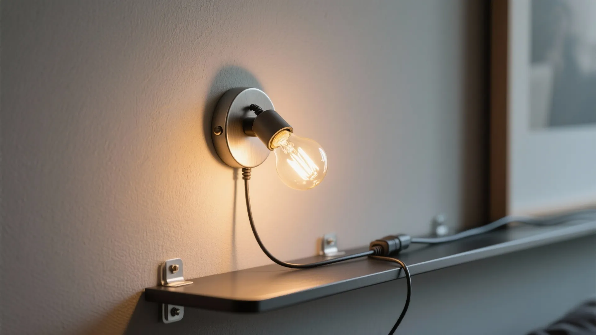 Modern wall light with exposed light bulb and black cord installed above a dark wood shelf