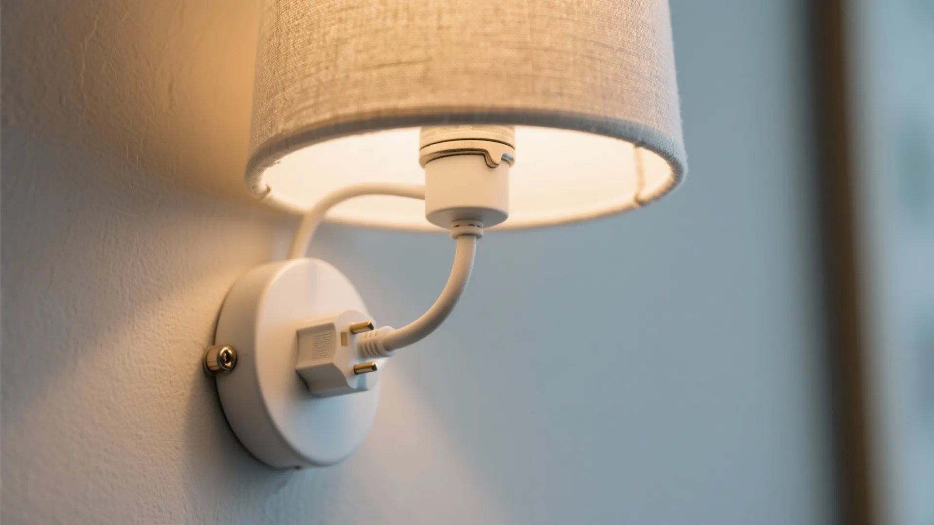 Macro of a plug-in wall sconce with fabric shade and painted cord channel for a tidy look.