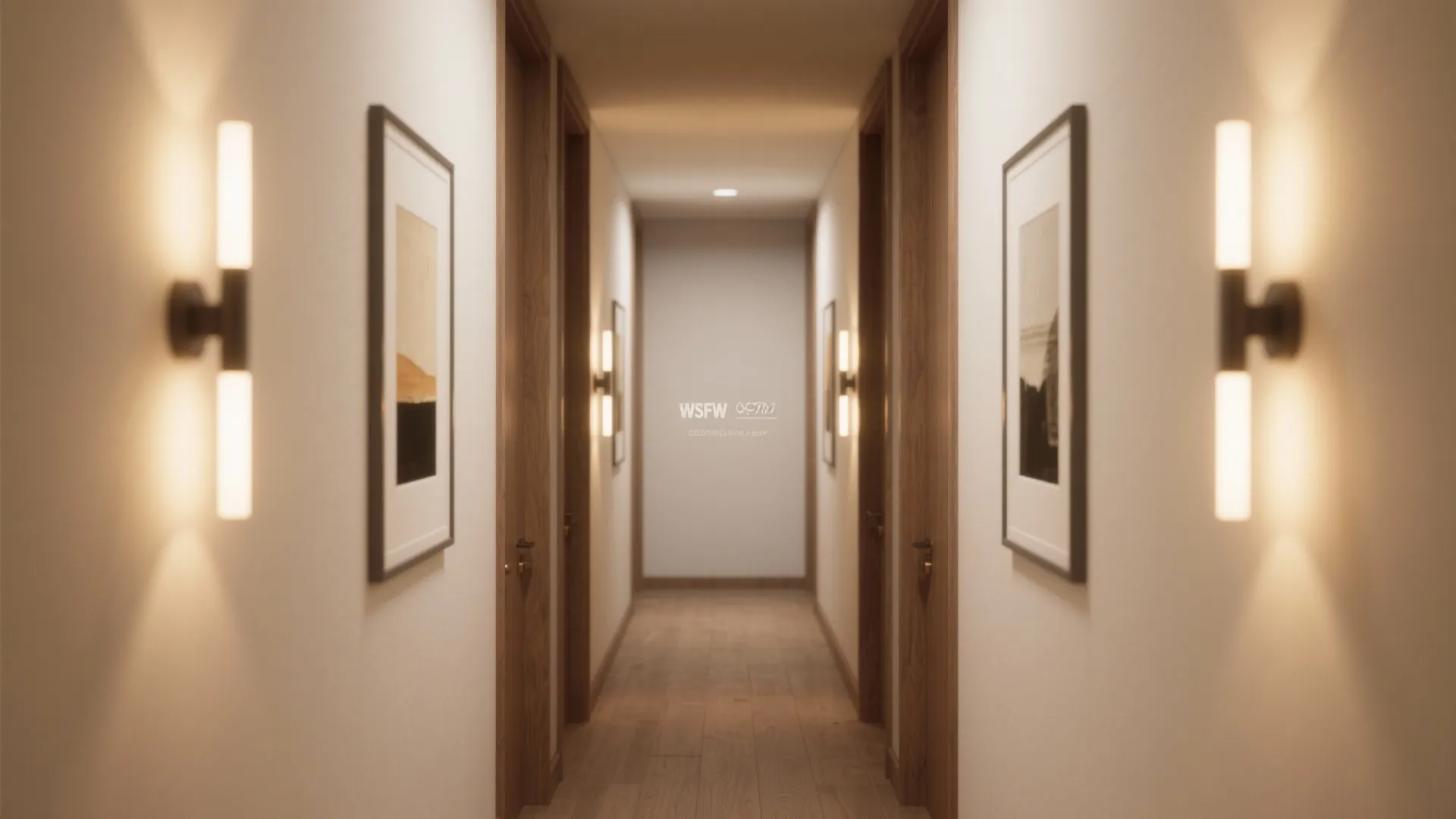 Narrow hallway with paired indirect sconces creating a calm, gallery-like rhythm for framed art.