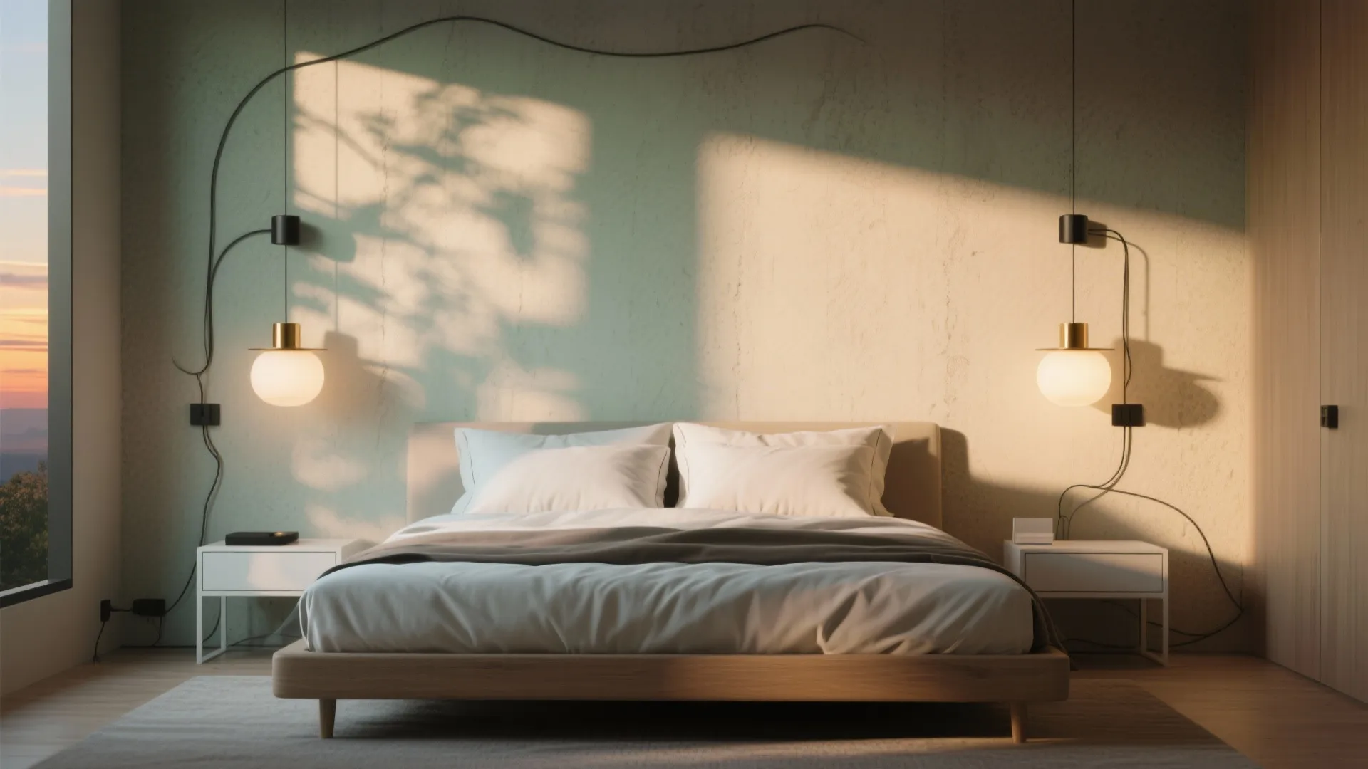 Modern bedroom with wooden bed frame white pillows wall lights two side tables and morning sunlight