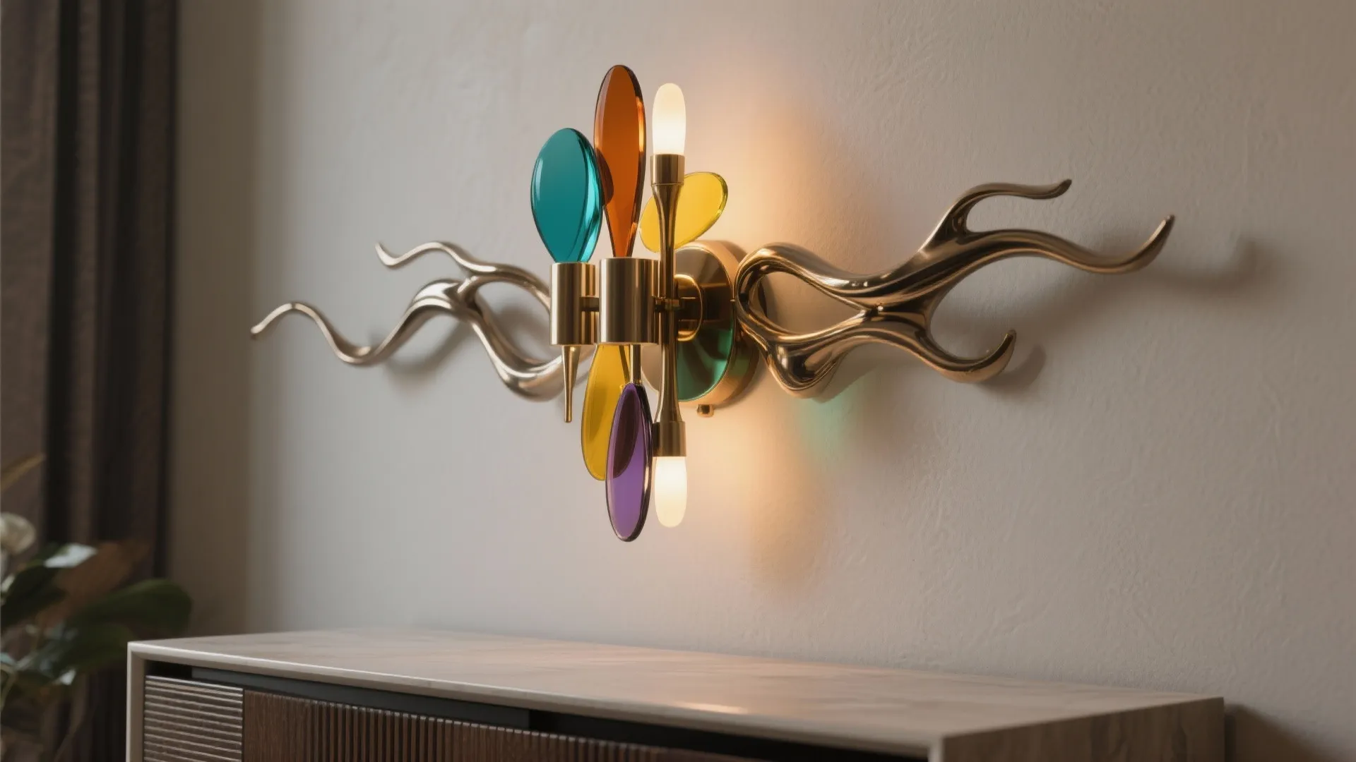 Modern colorful glass wall light fixture with gold base mounted on white wall above cabinet
