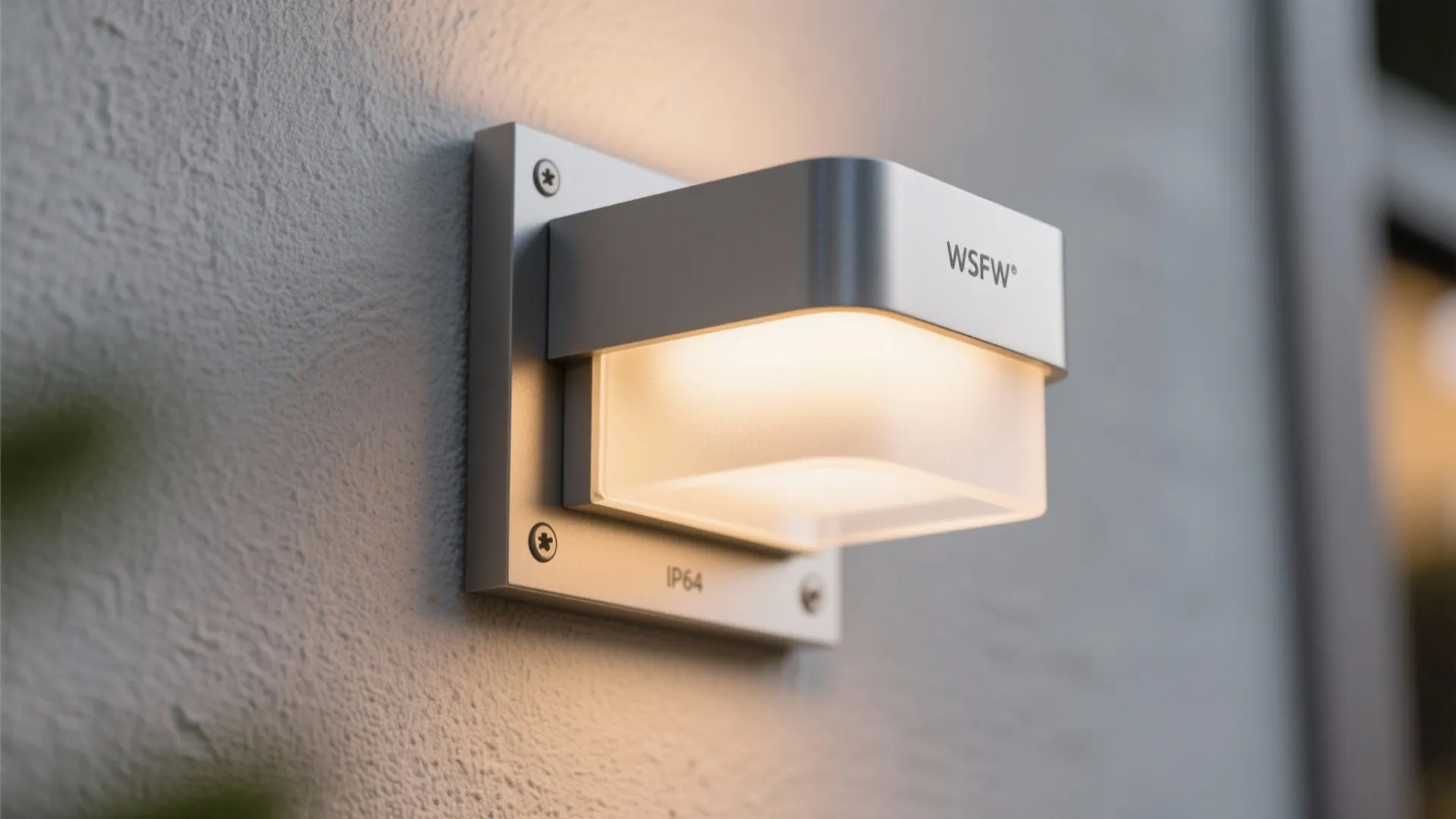 Modern square wall light with warm yellow glow mounted on a textured white exterior wall