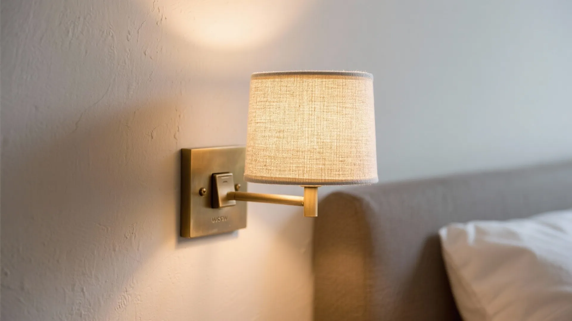 Brass wall light with a fabric shade mounted on a bedroom wall near a pillow