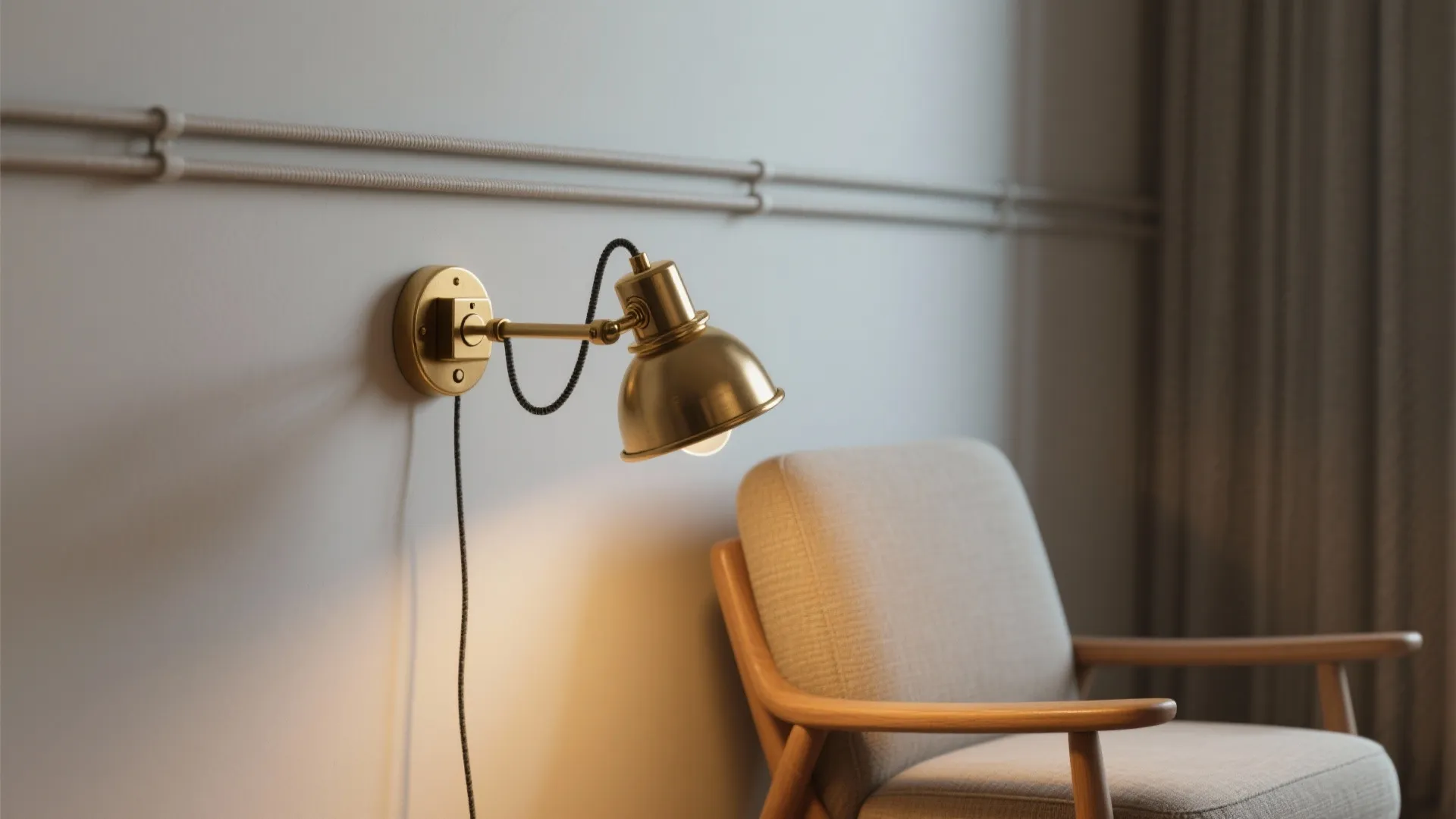 Close-up of a brass swing-arm plug-in sconce with painted cable cover