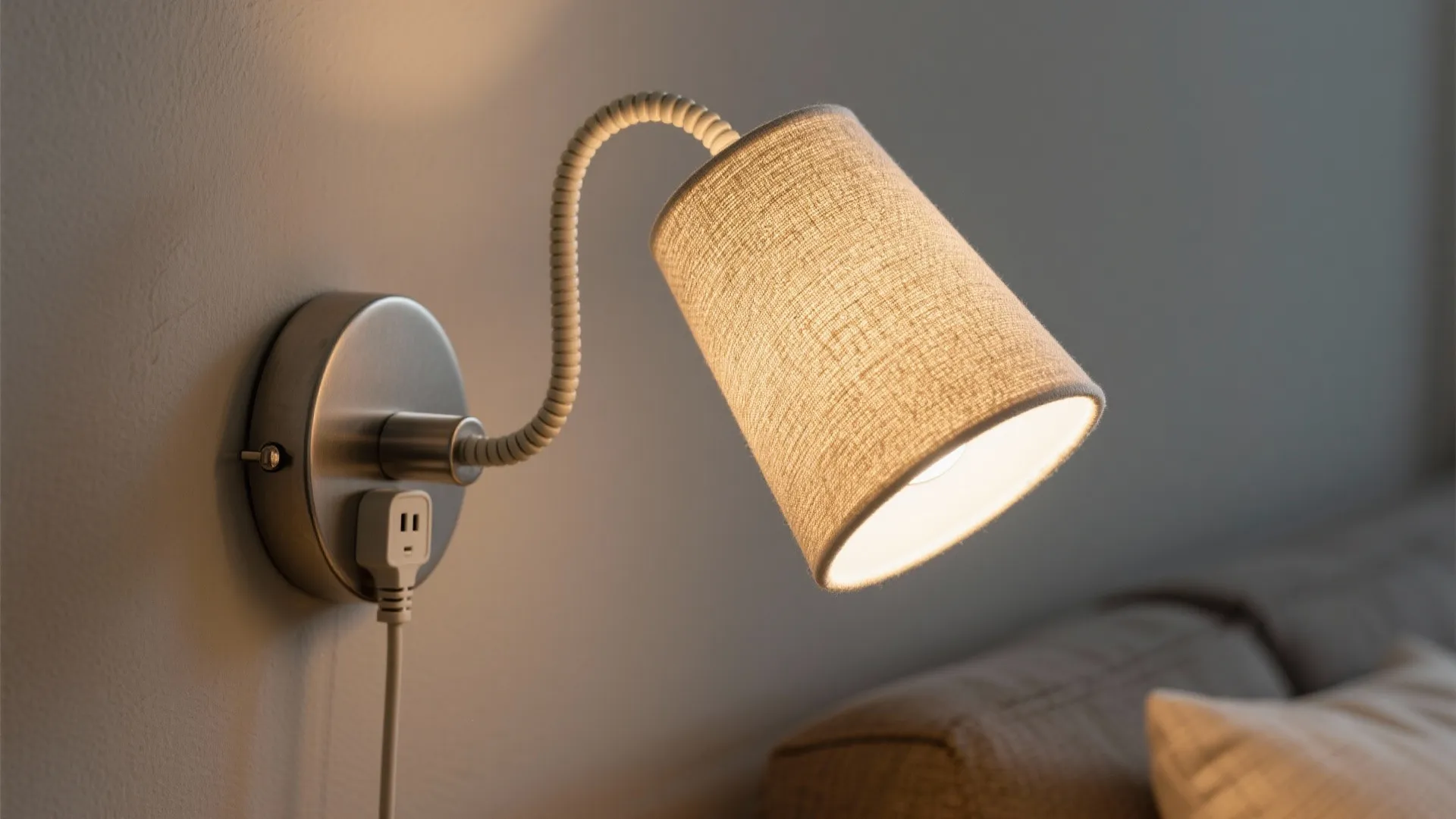 Close up of a small adjustable wall light with fabric shade mounted on a grey wall