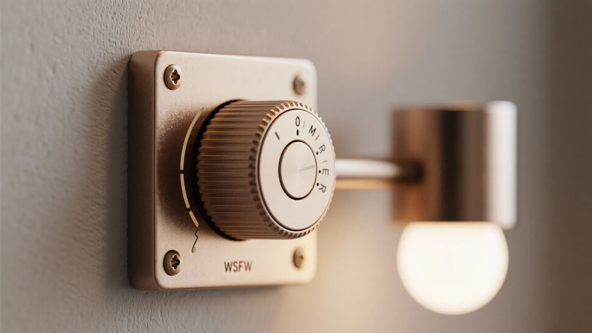 Close-up of a wall sconce dimmer and mounting hardware showing texture and control