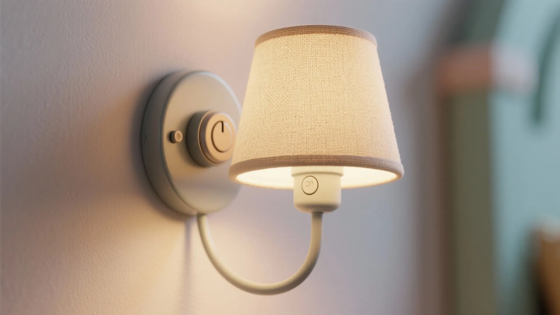 Macro of kids wall sconce showing linen shade texture and dimmer toggle.