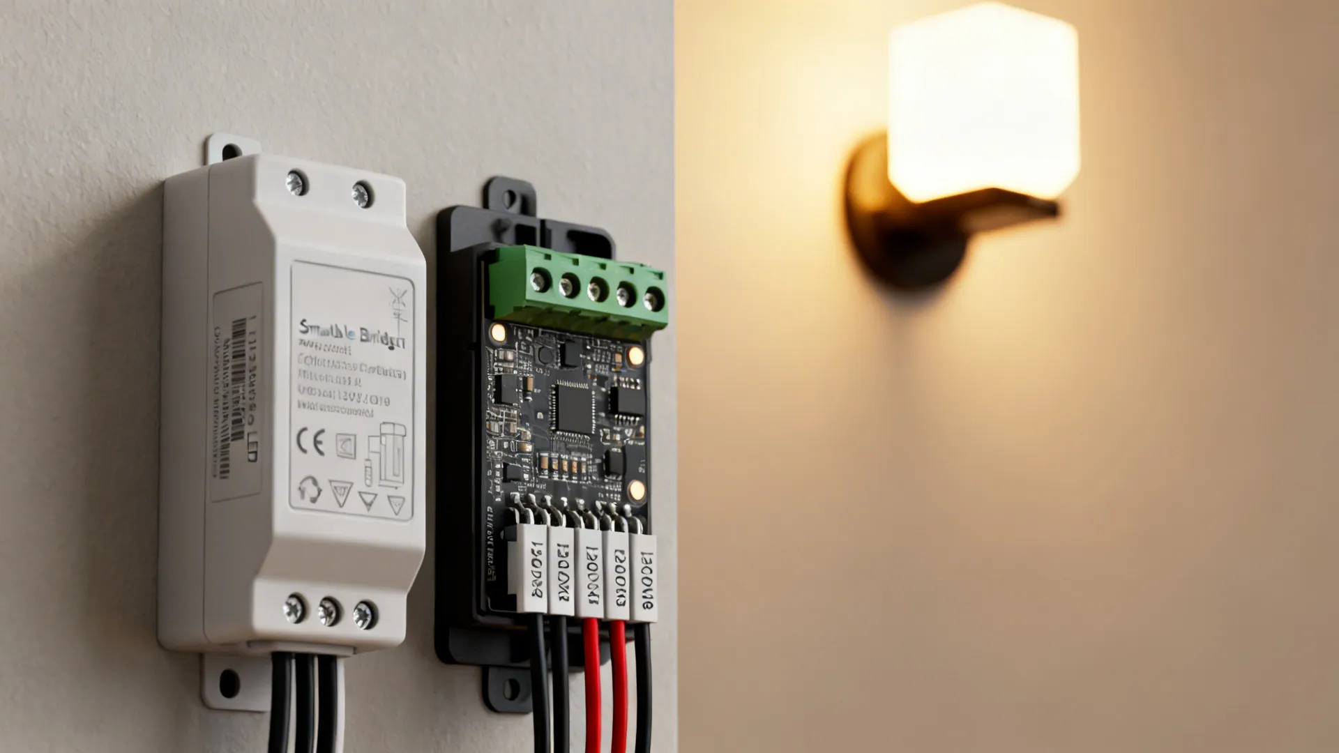 Close-up of a dimmable LED sconce driver and smart bridge module with warm wall light in background