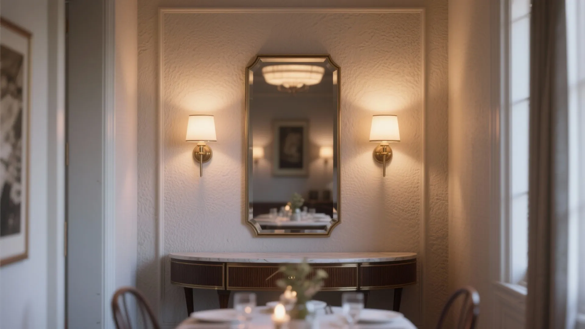 Mirror and wall lights above a wooden cabinet with marble top on white wall paneling