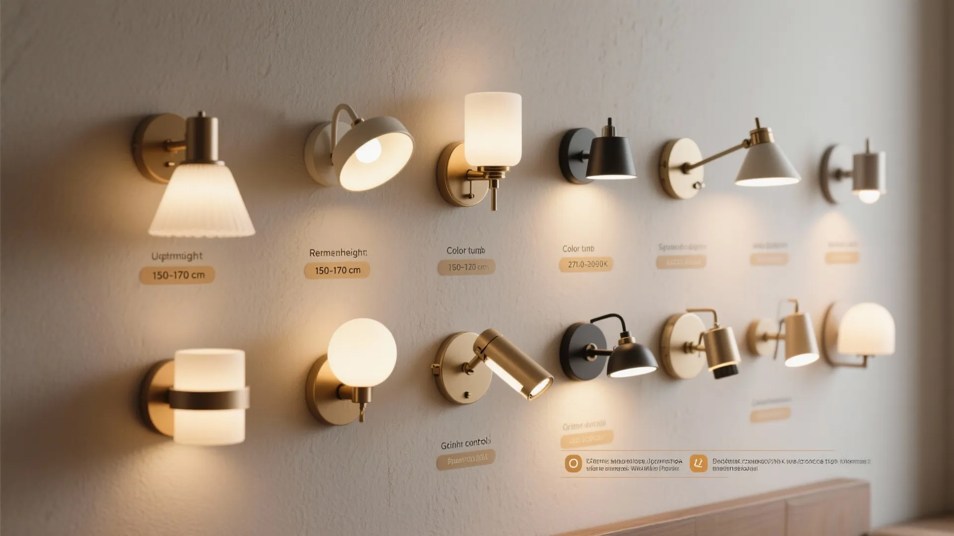 Display wall showing various modern wall light fixtures in different shapes and gold black finishes