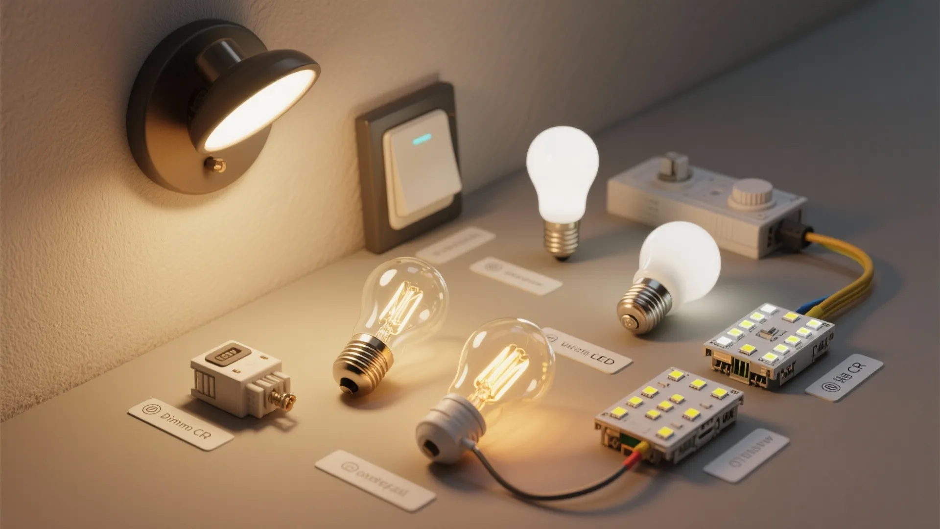 Assorted sconce bulbs, LED modules, and a dimmer switch displayed for comparison